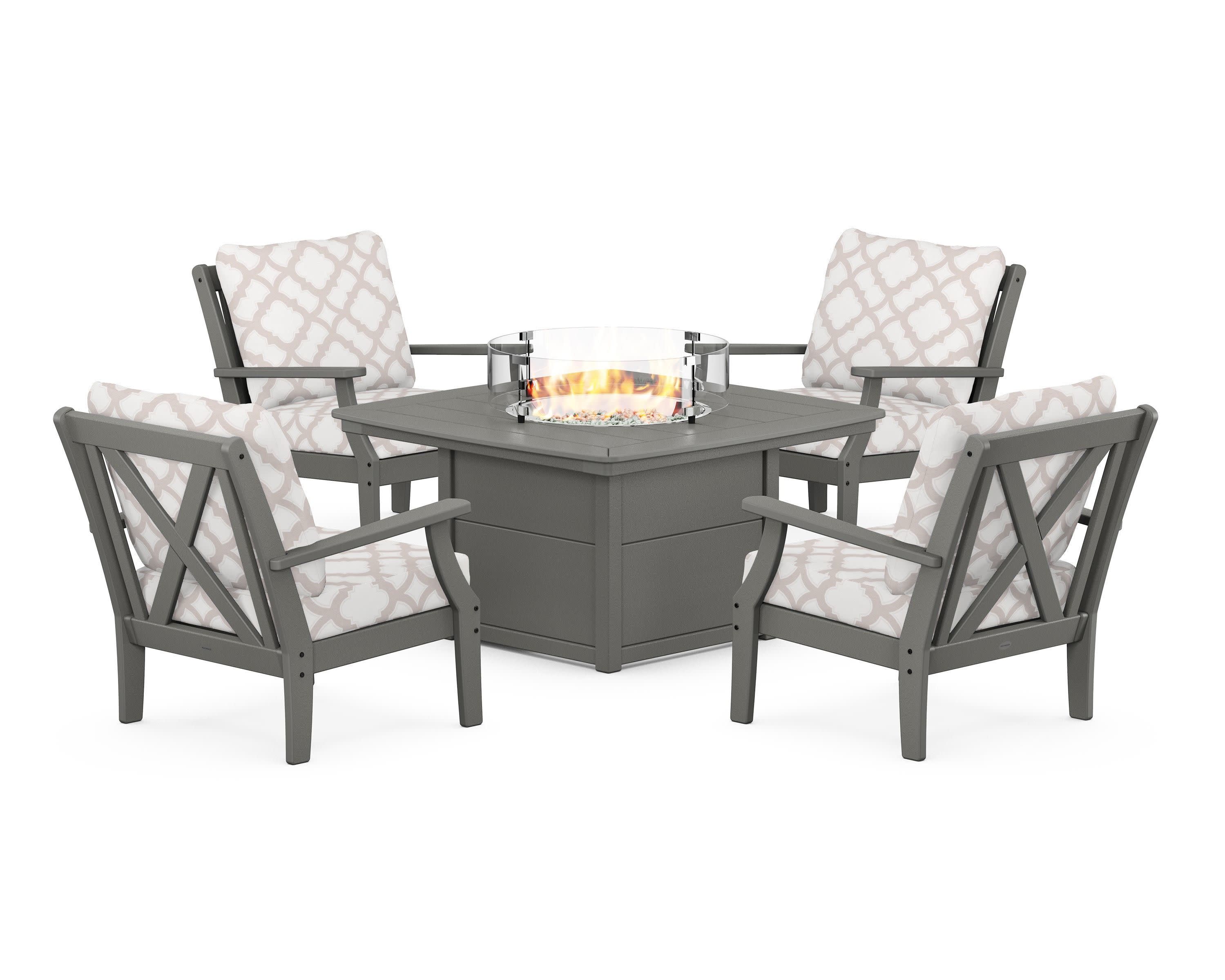 Braxton 5-Piece Deep Seating Conversation Set with Fire Pit Table in Slate Grey / Trellis Dune Burlap