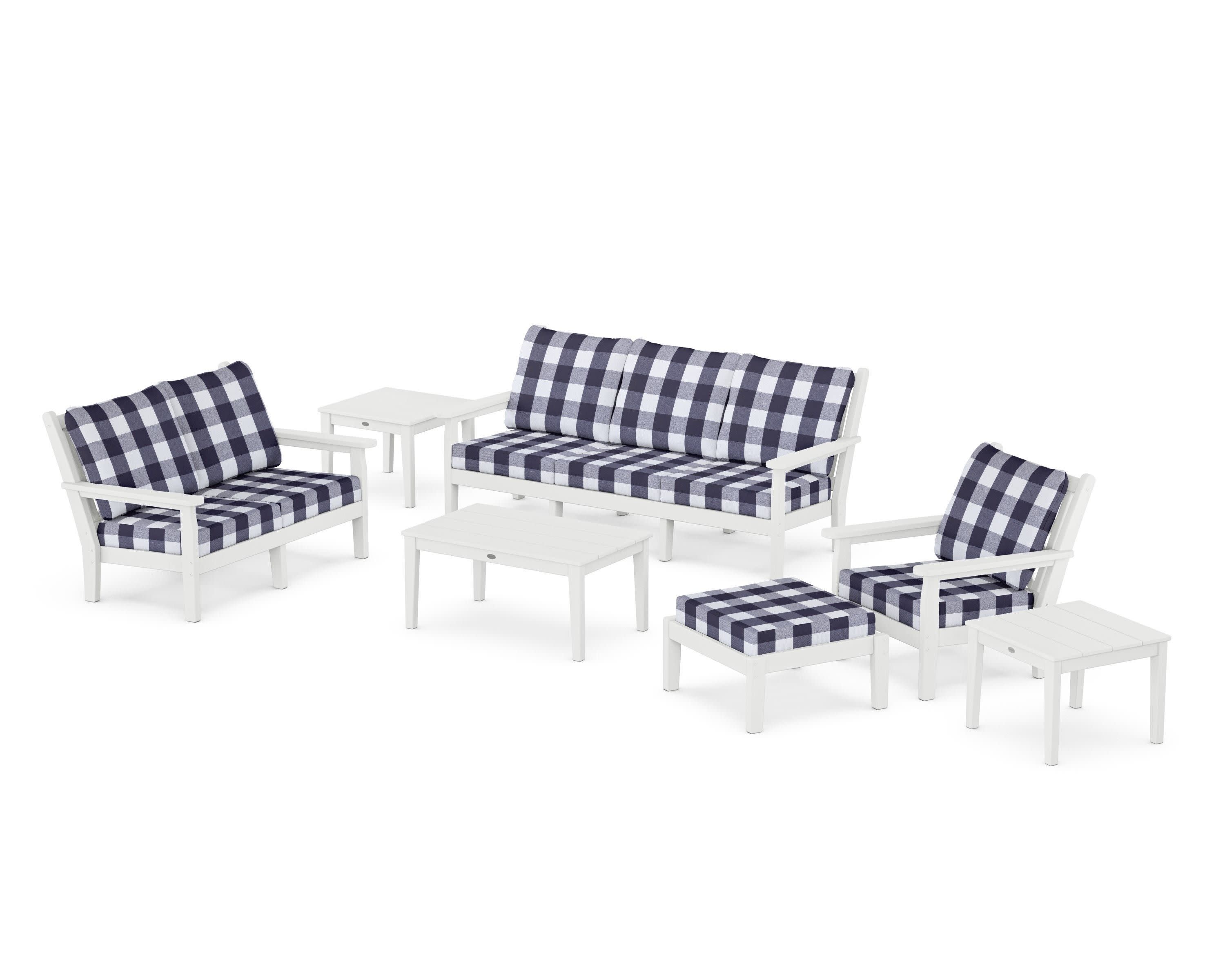 Chippendale 7-Piece Deep Seating Set in White / Buffalo Plaid Navy