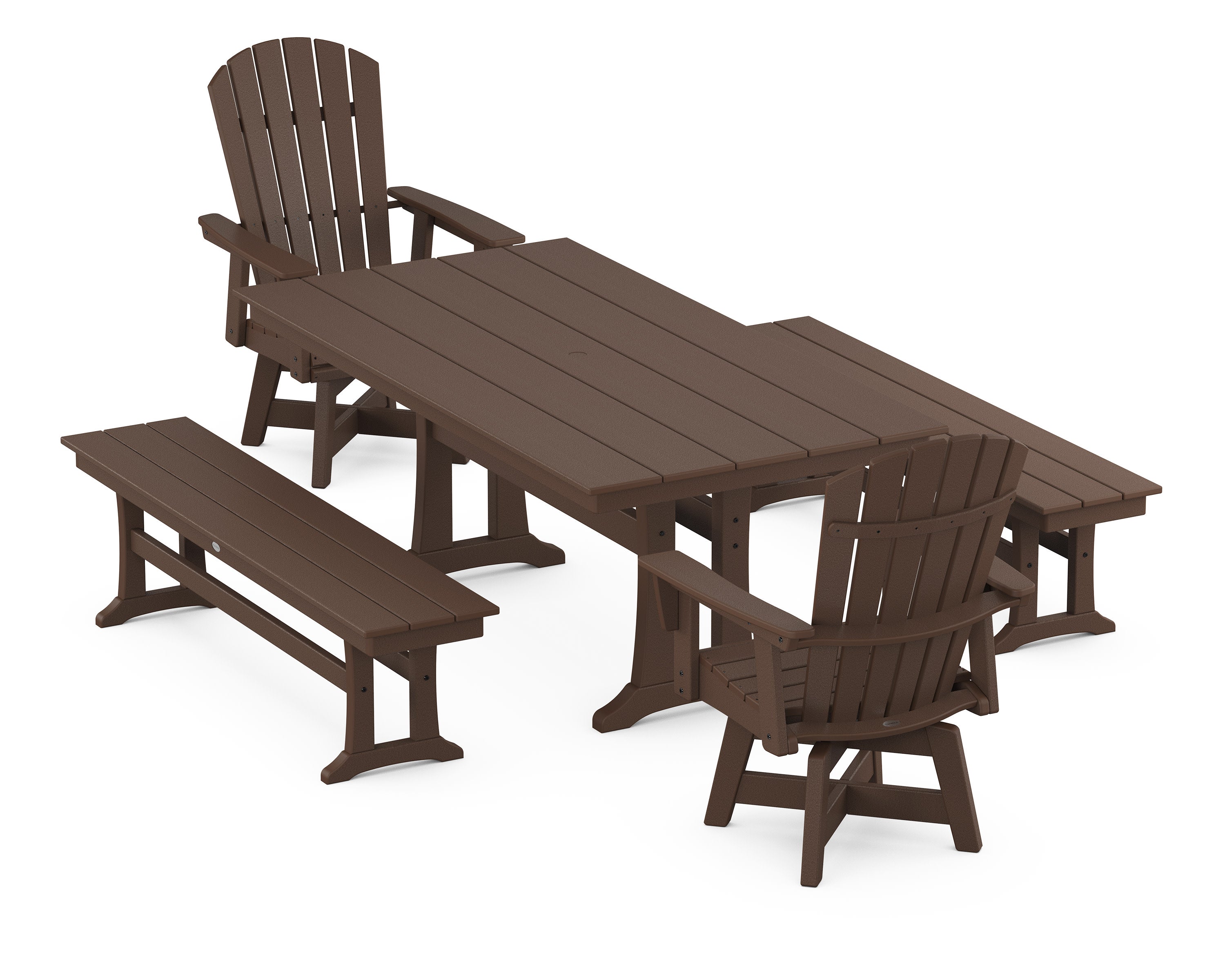 Nautical Curveback Adirondack Swivel Chair 5-Piece Farmhouse Dining Set With Trestle Legs and Benches in Mahogany