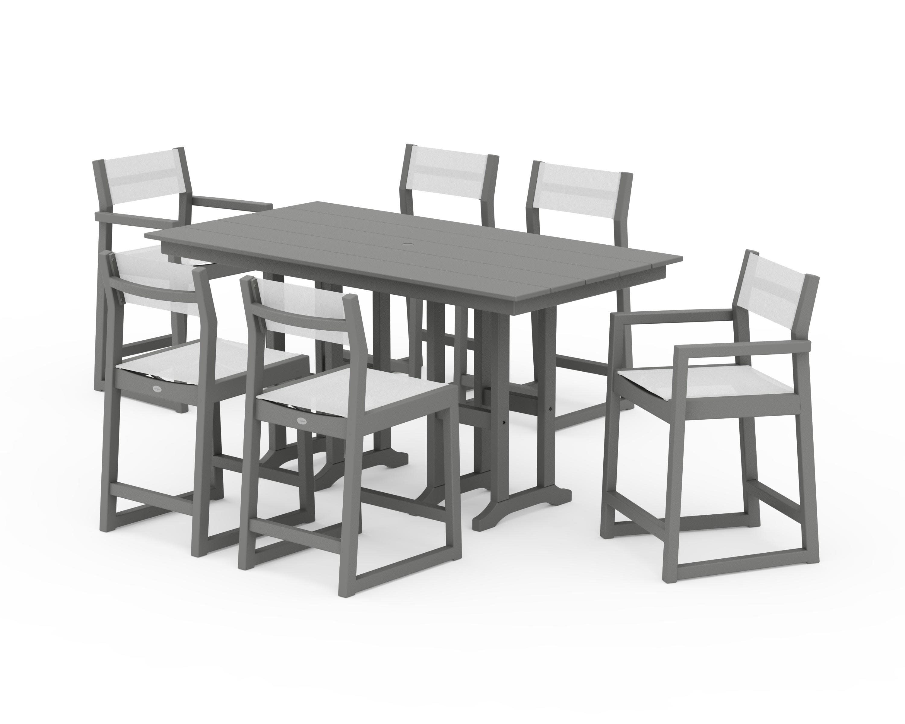 EDGE Sling 7-Piece Farmhouse Counter Set with Trestle Legs in Slate Grey / White Sling