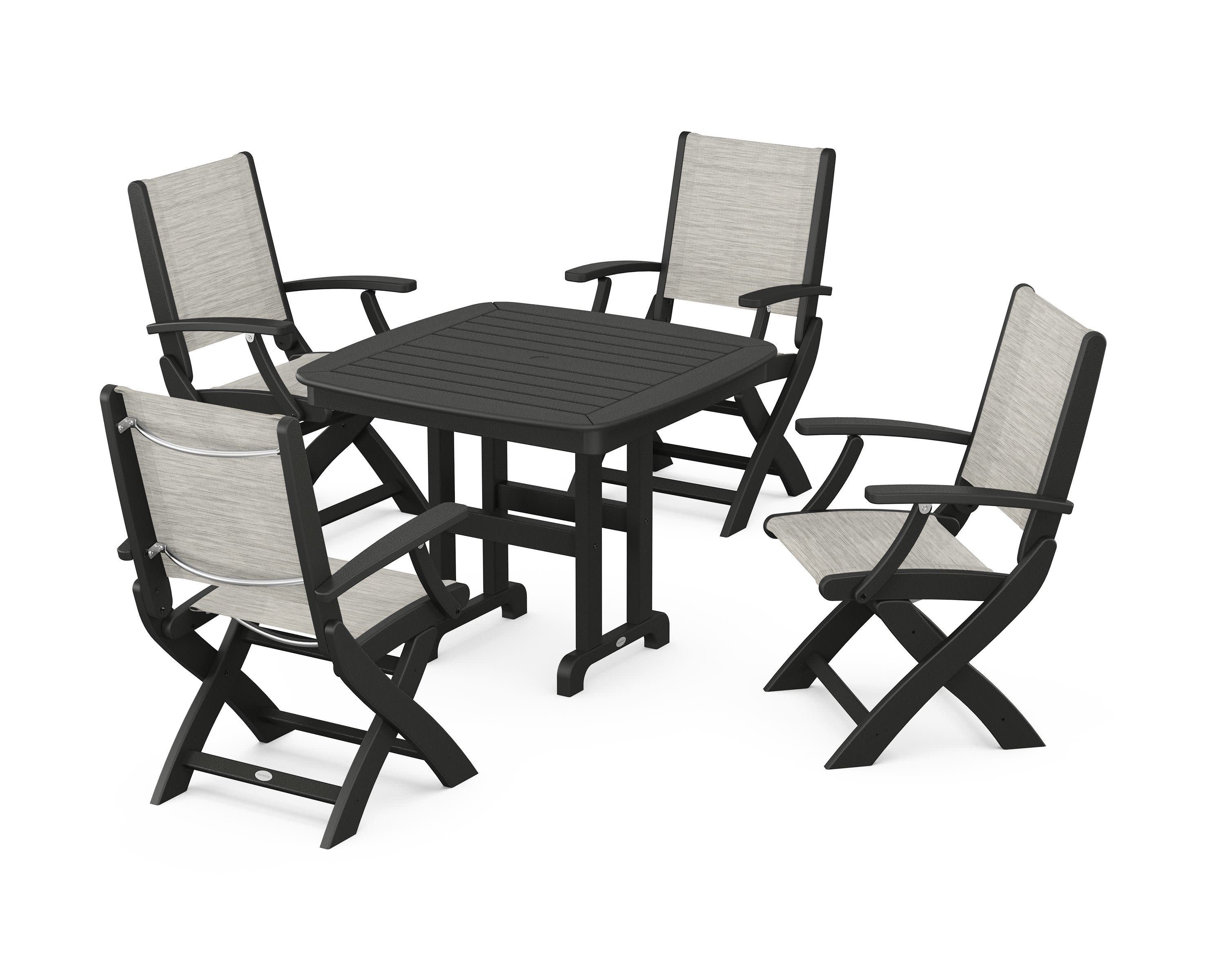 Coastal Folding Chair 5-Piece Dining Set in Black / Birch Sling