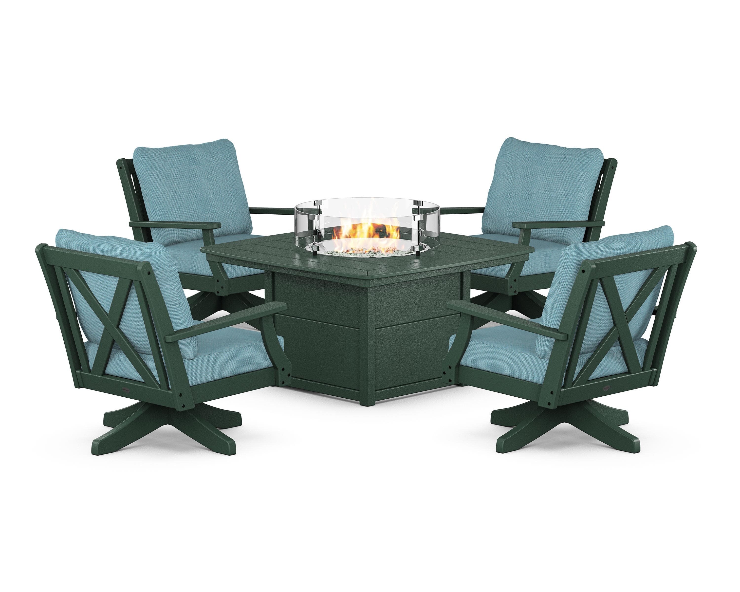 Braxton 5-Piece Deep Seating Swivel Conversation Set with Fire Pit Table in Green / Lattice Sky Blue