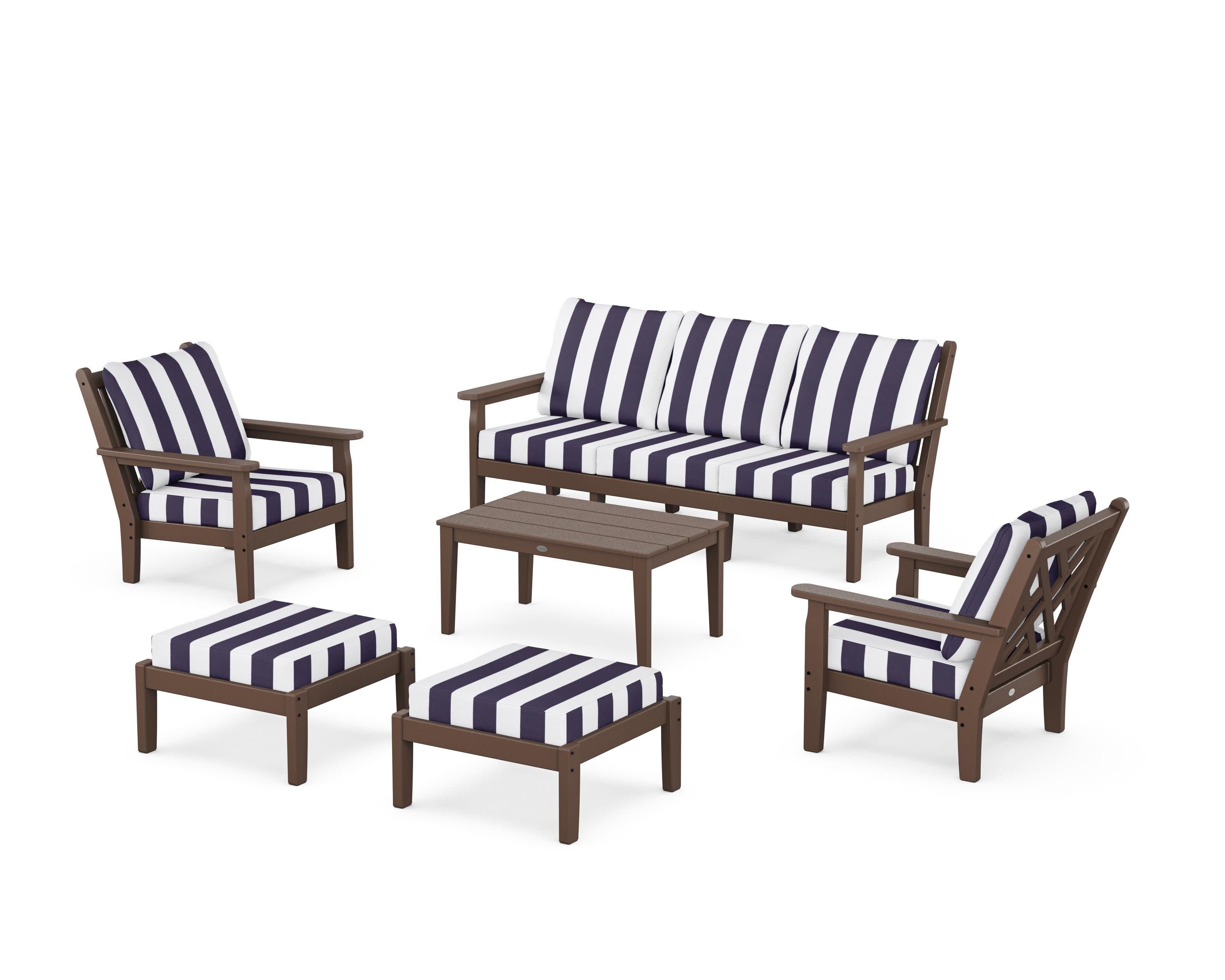 Chippendale 6-Piece Lounge Sofa Set in Mahogany / Cabana Stripe Navy
