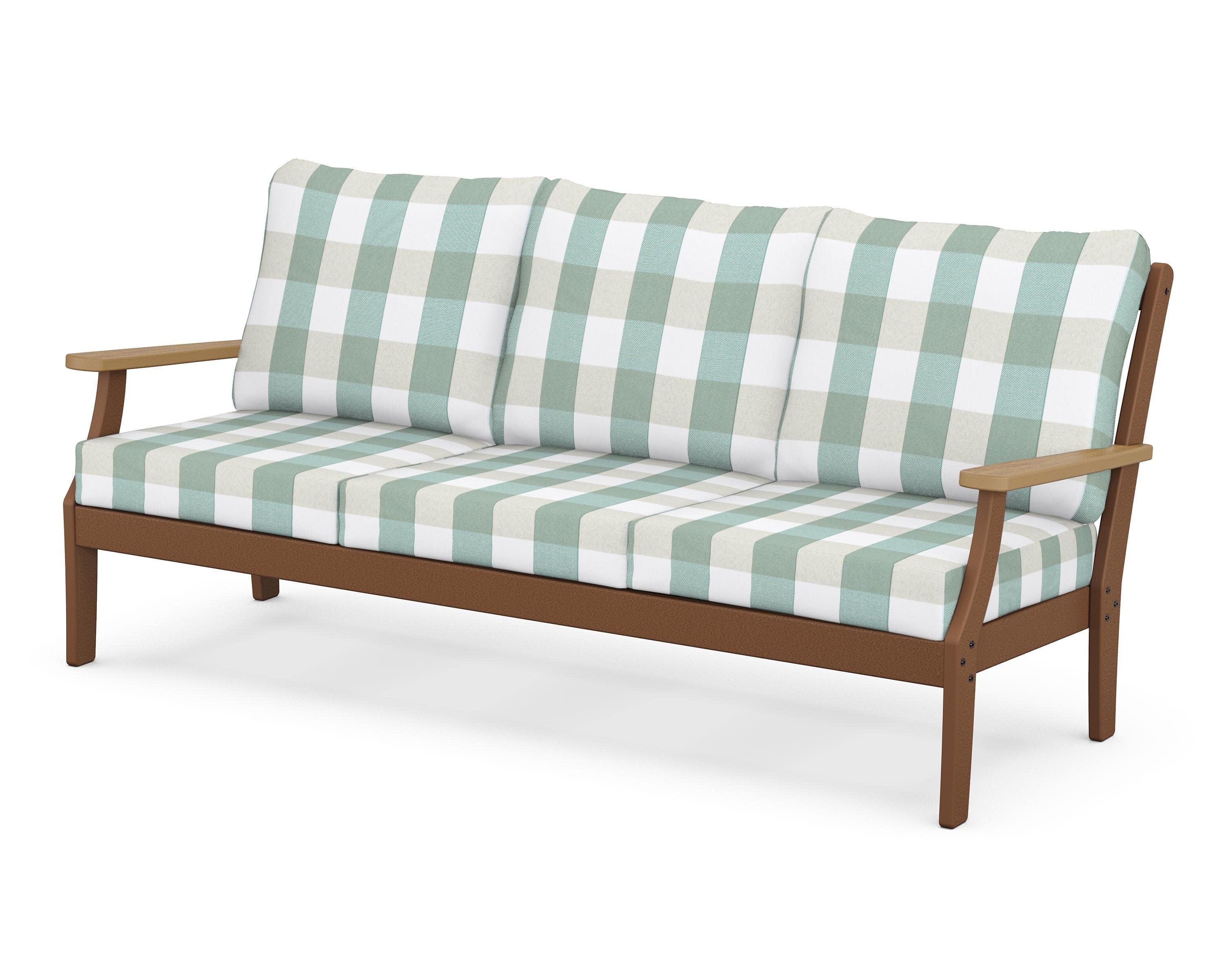 Braxton Deep Seating Sofa in Teak / Natural / Buffalo Plaid Glacier Spa