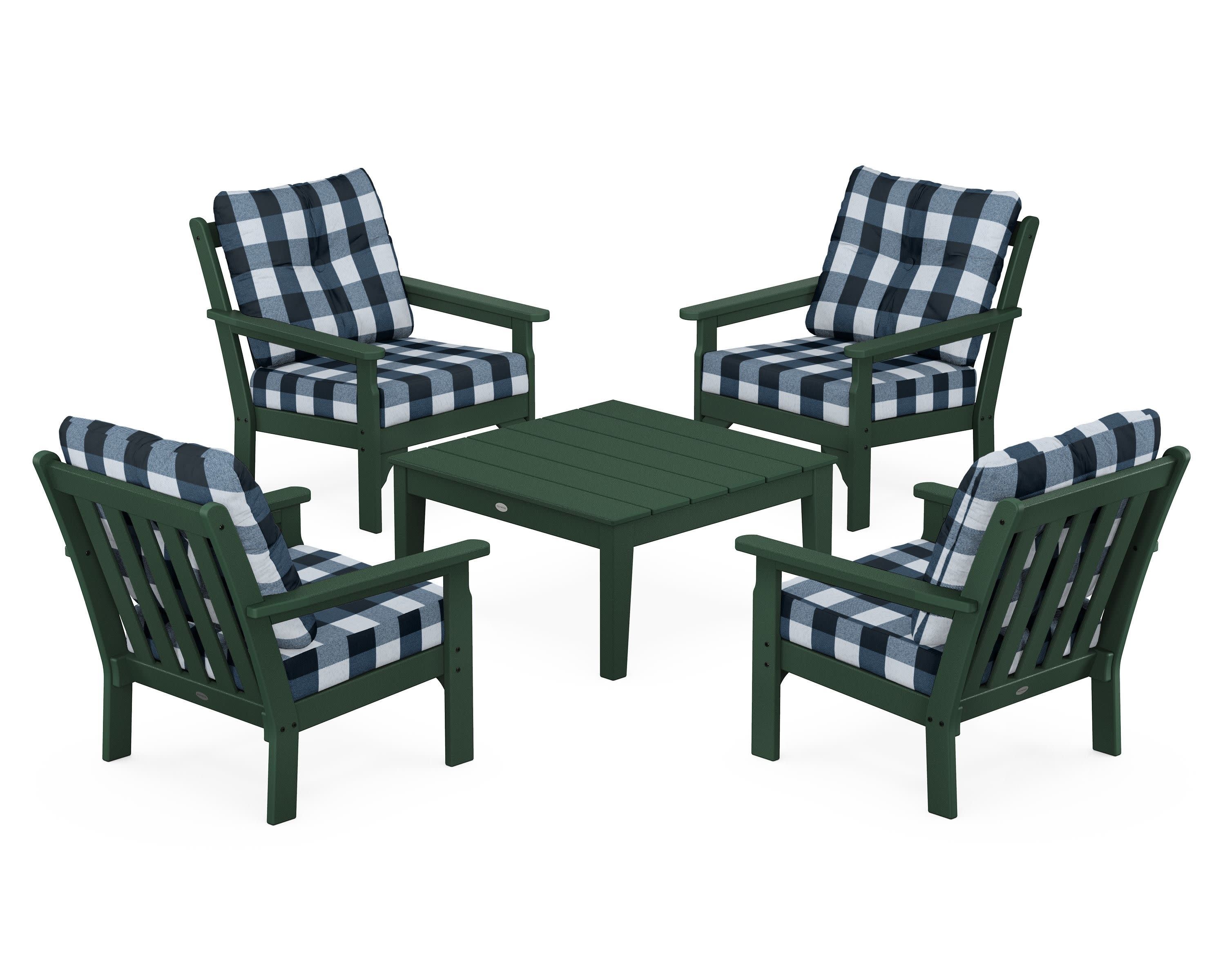 Vineyard 5-Piece Deep Seating Conversation Set in Green / Buffalo Plaid Marine Indigo