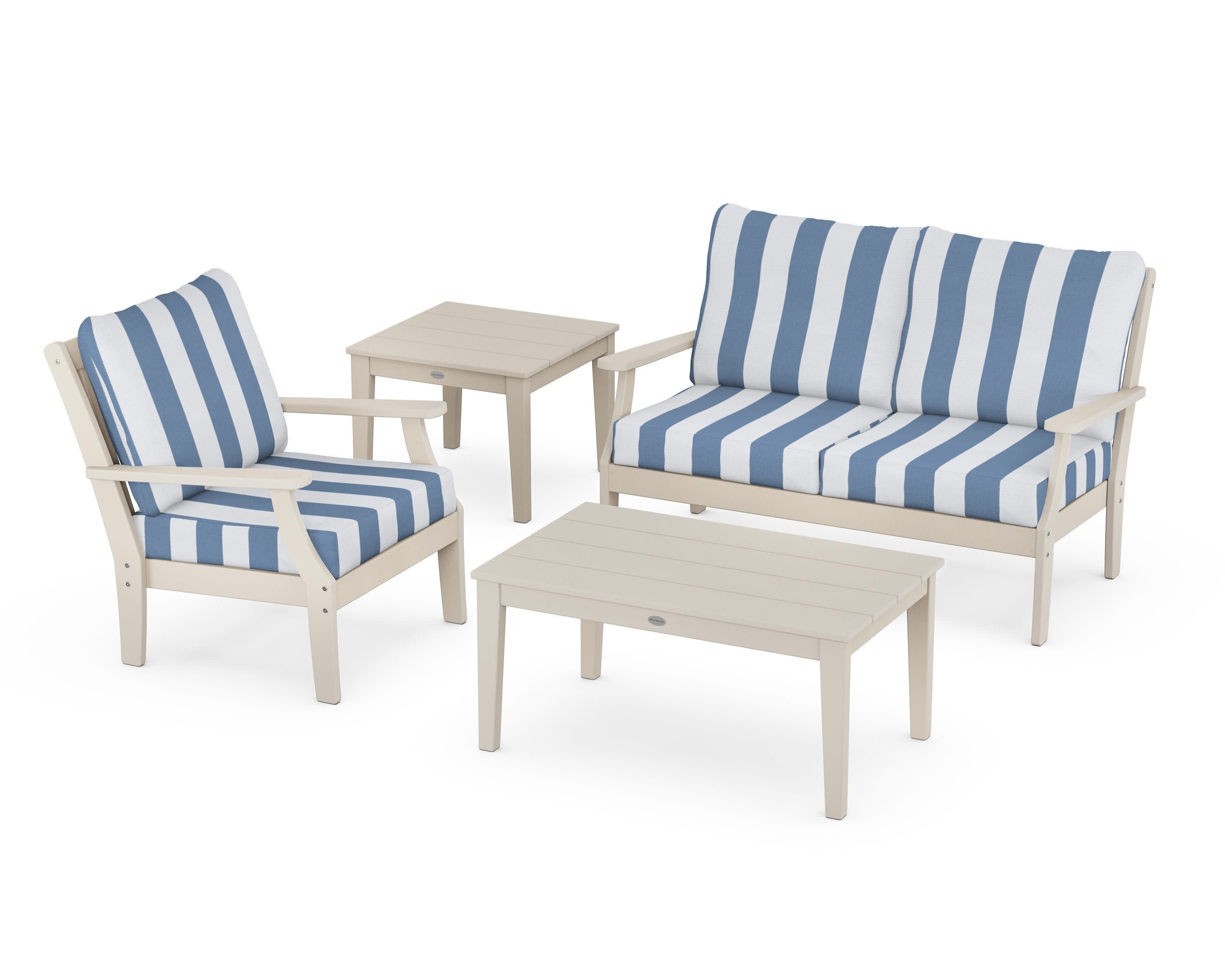 Braxton 4-Piece Deep Seating Set in Sand / Cabana Stripe Sky Blue
