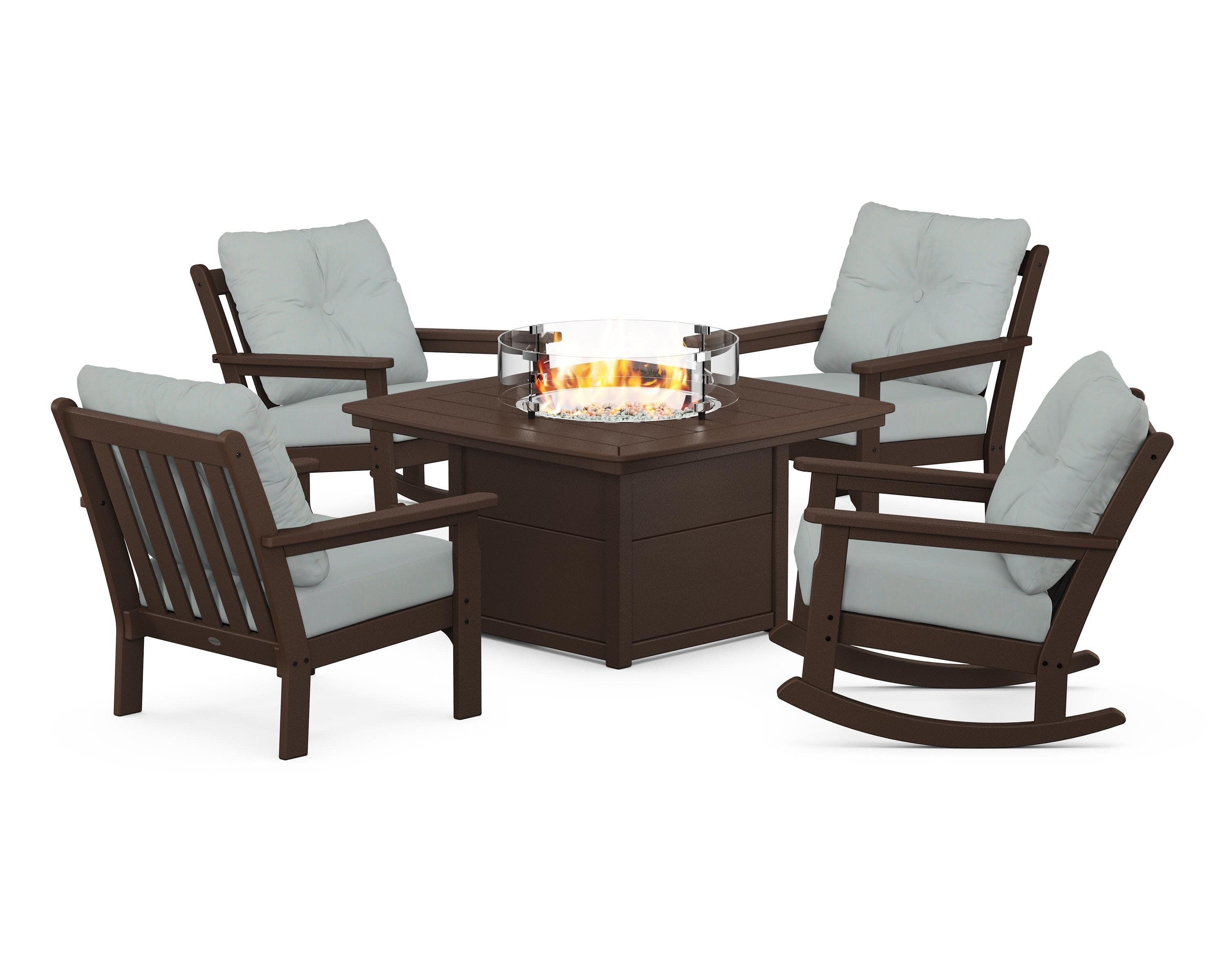 Vineyard 5-Piece Deep Seating Rocking Chair Conversation Set with Fire Pit Table in Mahogany / Spa
