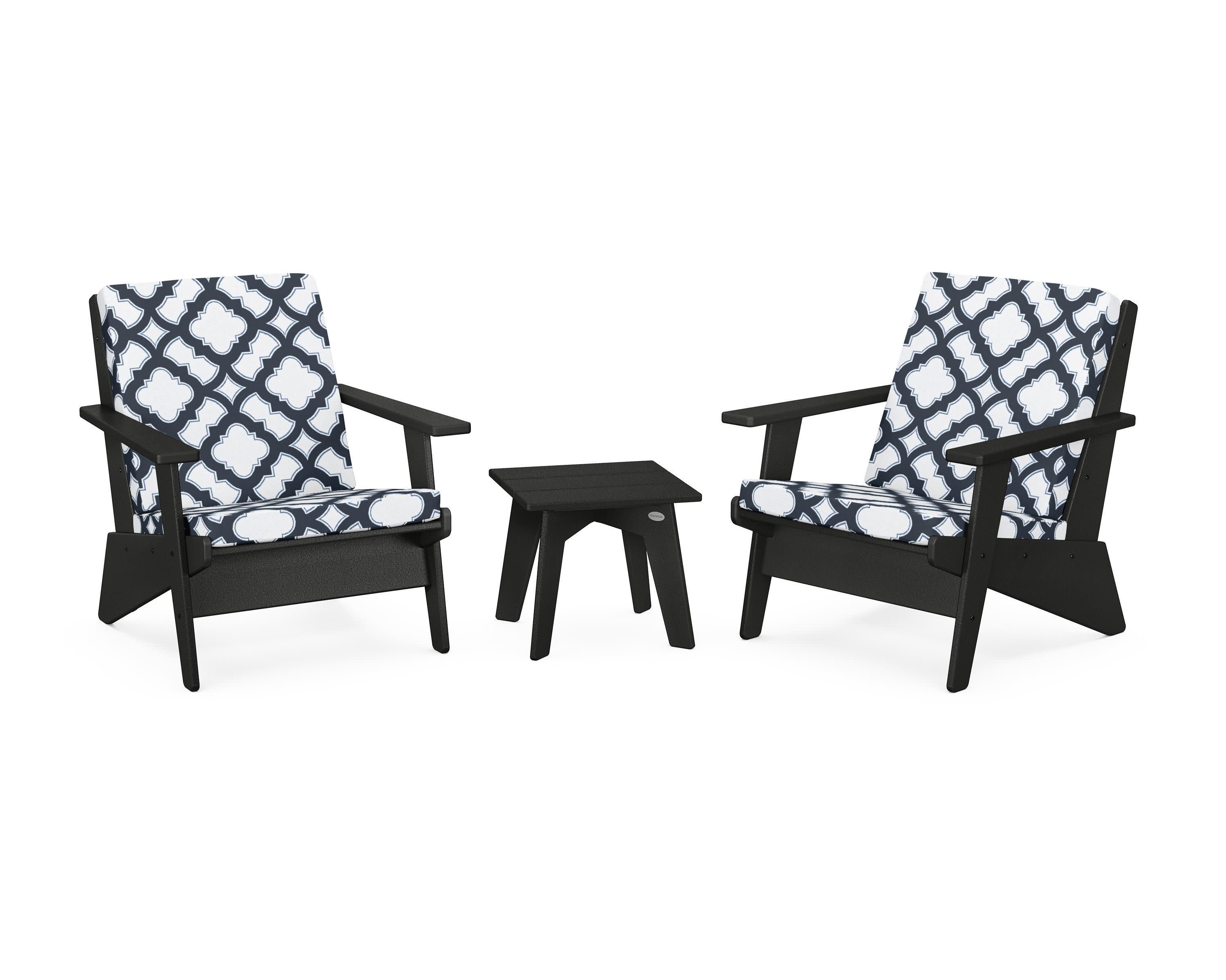 Riviera Modern Lounge 3-Piece Set in Black / Trellis Marine Indigo
