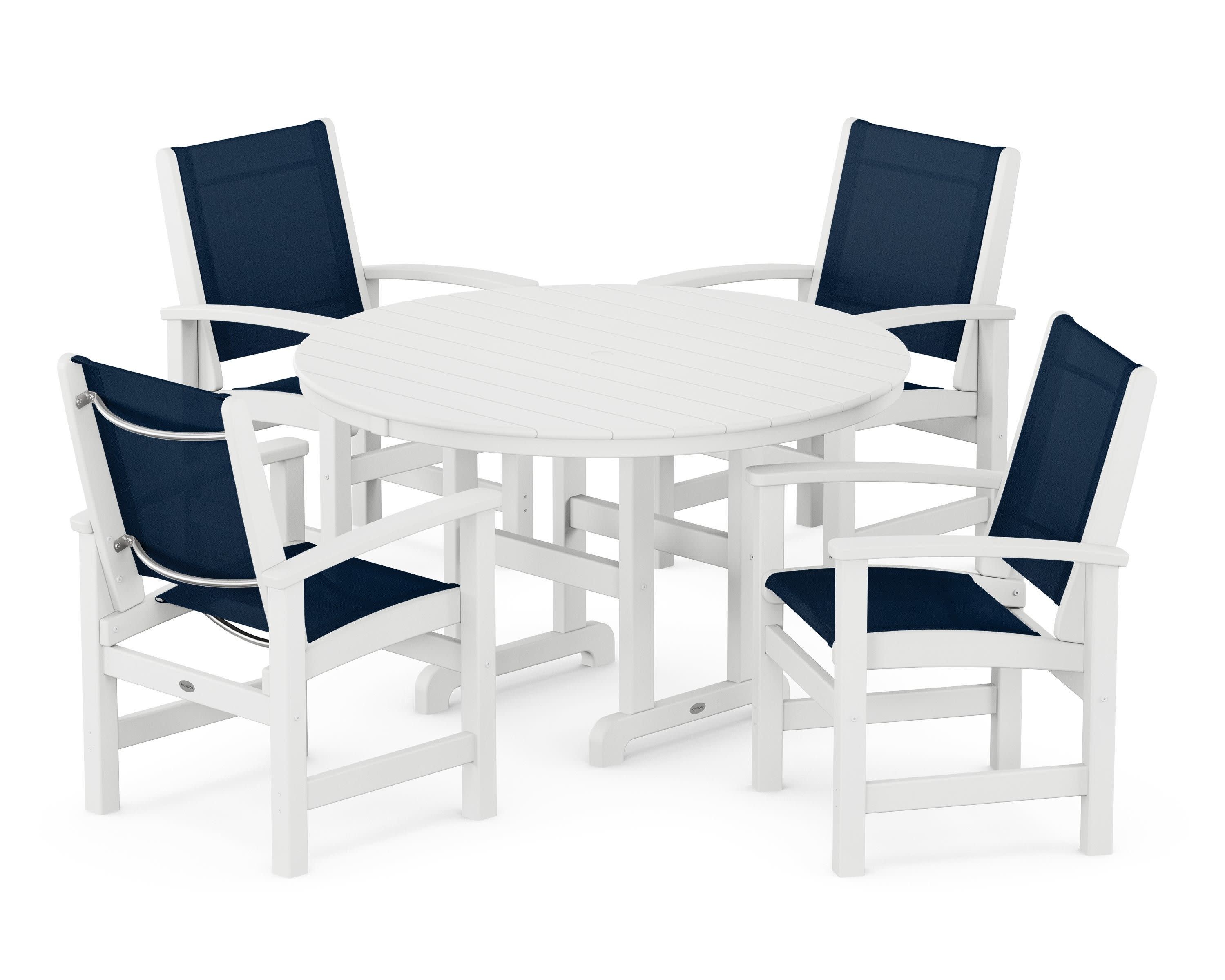 Coastal 5-Piece Round Farmhouse Dining Set in White / Navy Blue Sling