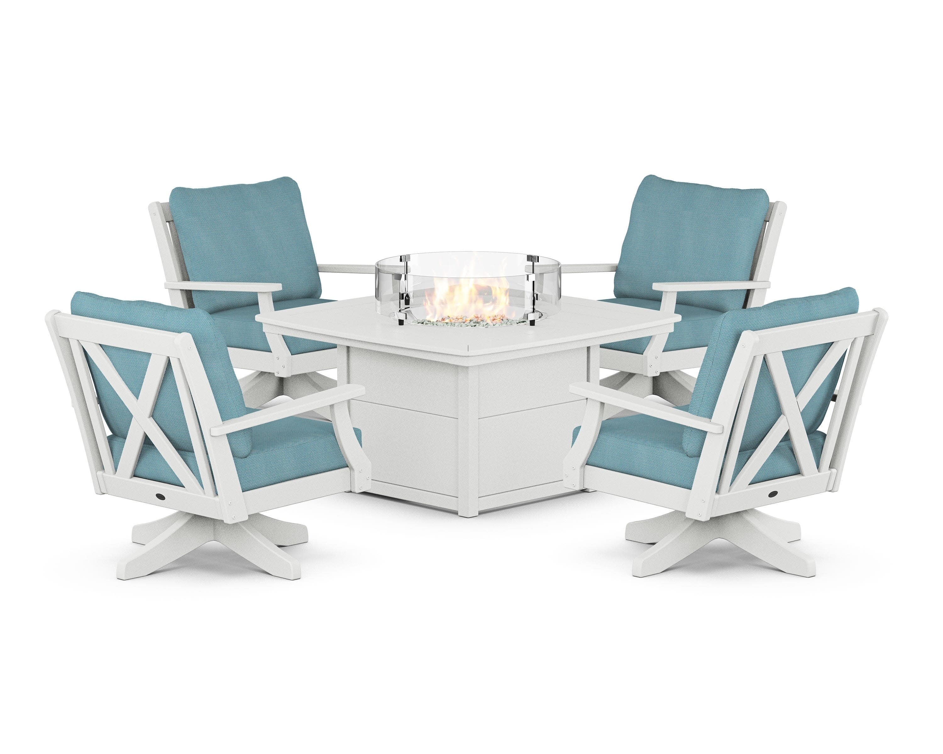 Braxton 5-Piece Deep Seating Swivel Conversation Set with Fire Pit Table in White / Lattice Sky Blue