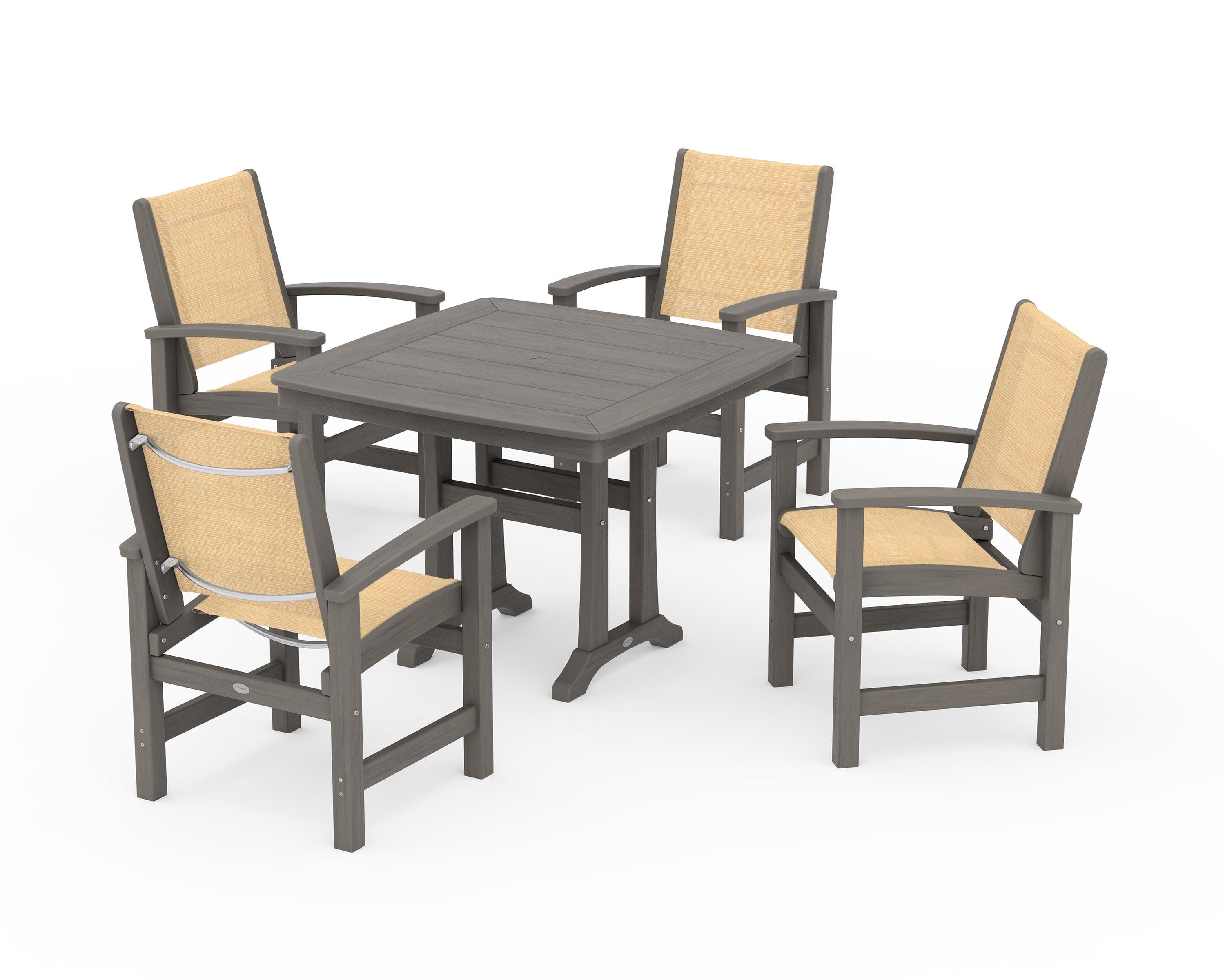 Coastal 5-Piece Dining Set with Trestle Legs in Driftwood / Dupioni Apricot Sling