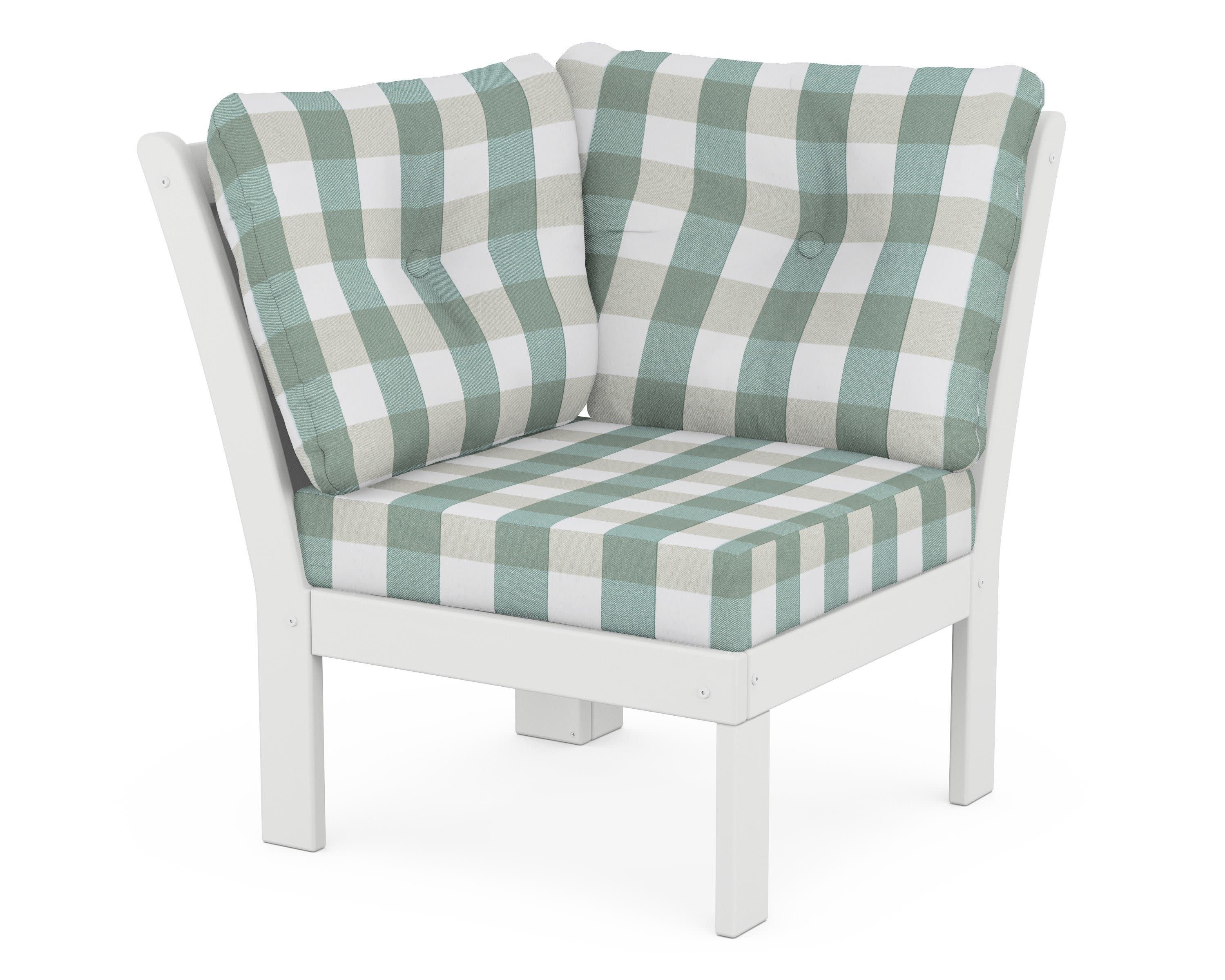 Vineyard Modular Corner Chair in White / Buffalo Plaid Glacier Spa