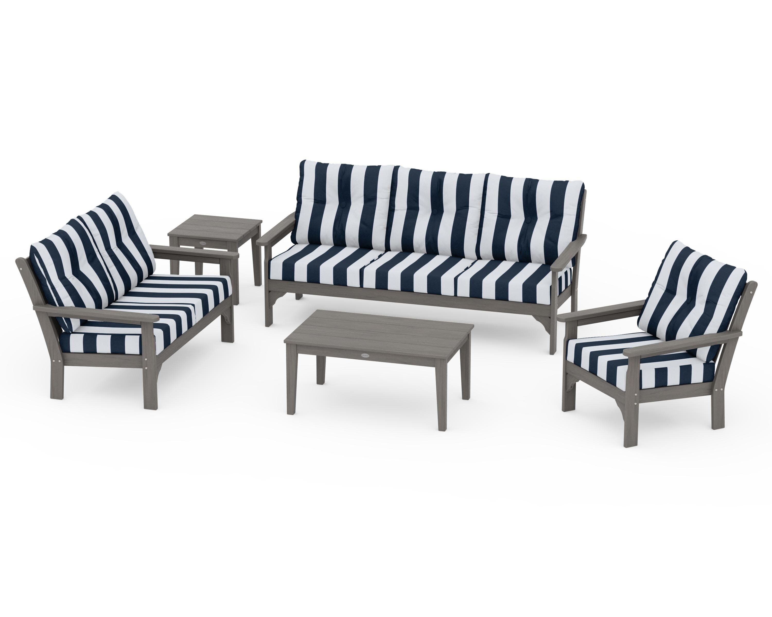 Vineyard 5 Piece Deep Seating Set in Driftwood / Cabana Stripe Marine Indigo