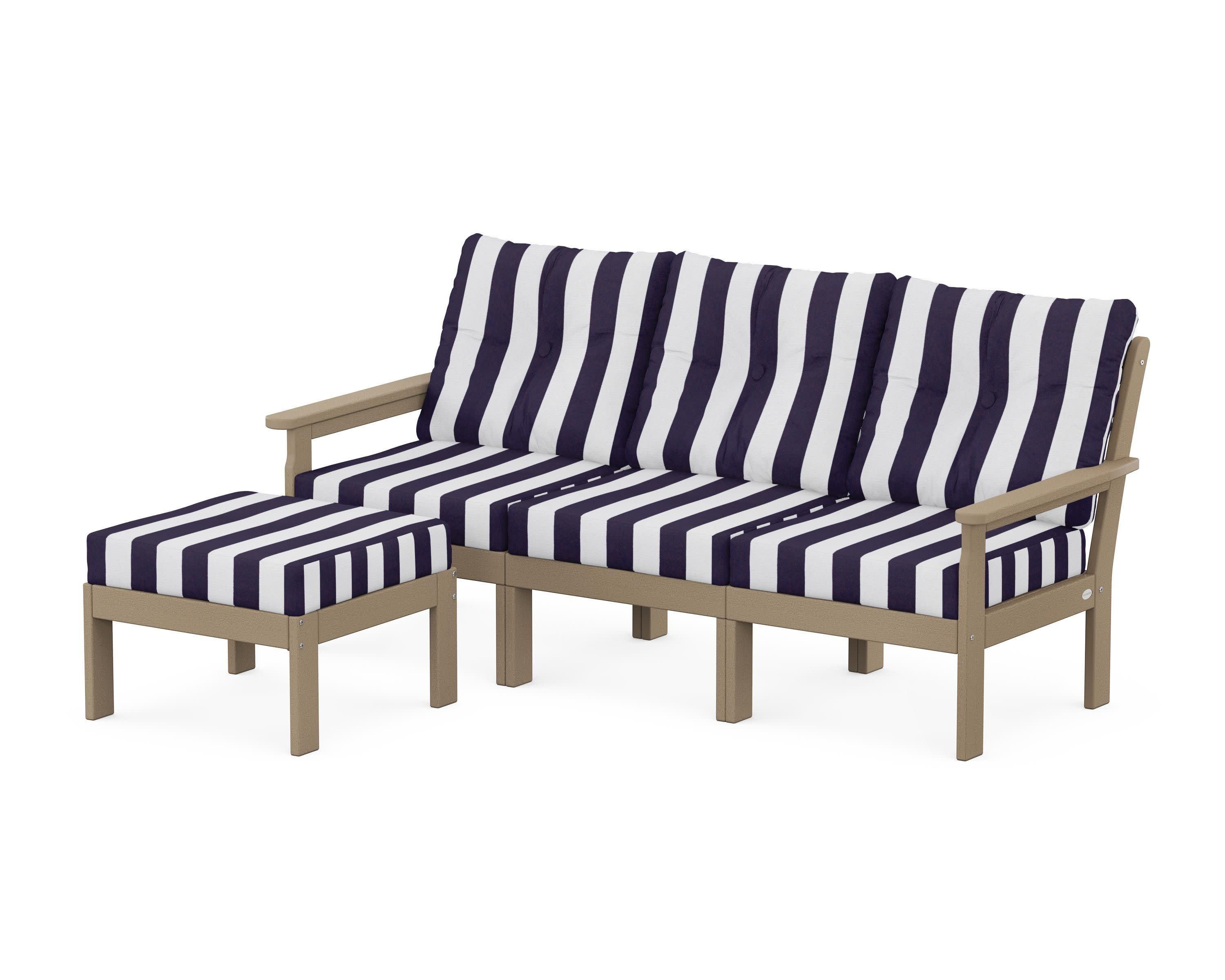 Vineyard 4-Piece Sectional with Ottoman in Vintage Sahara / Cabana Stripe Navy