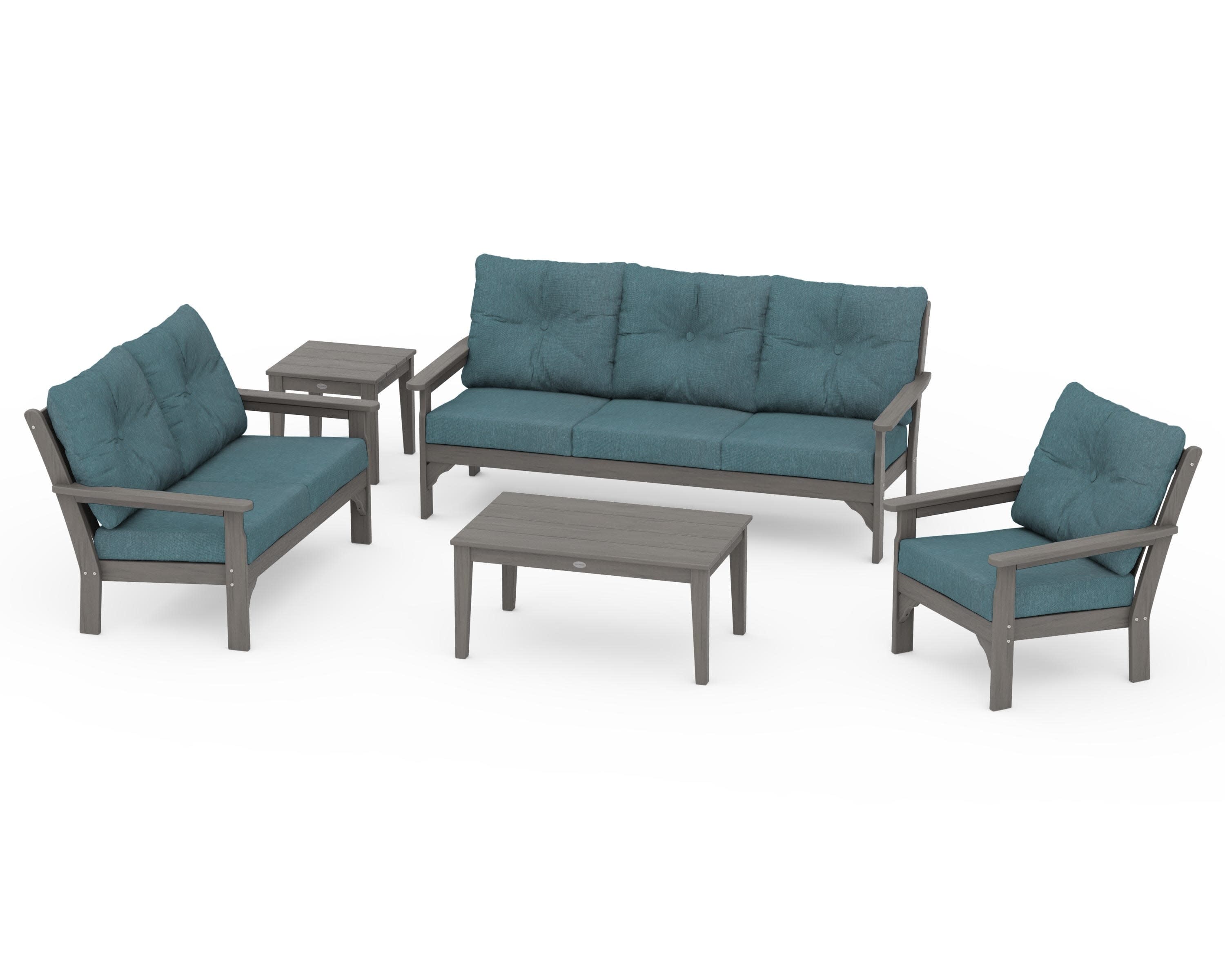 Vineyard 5 Piece Deep Seating Set in Driftwood / Ocean Teal