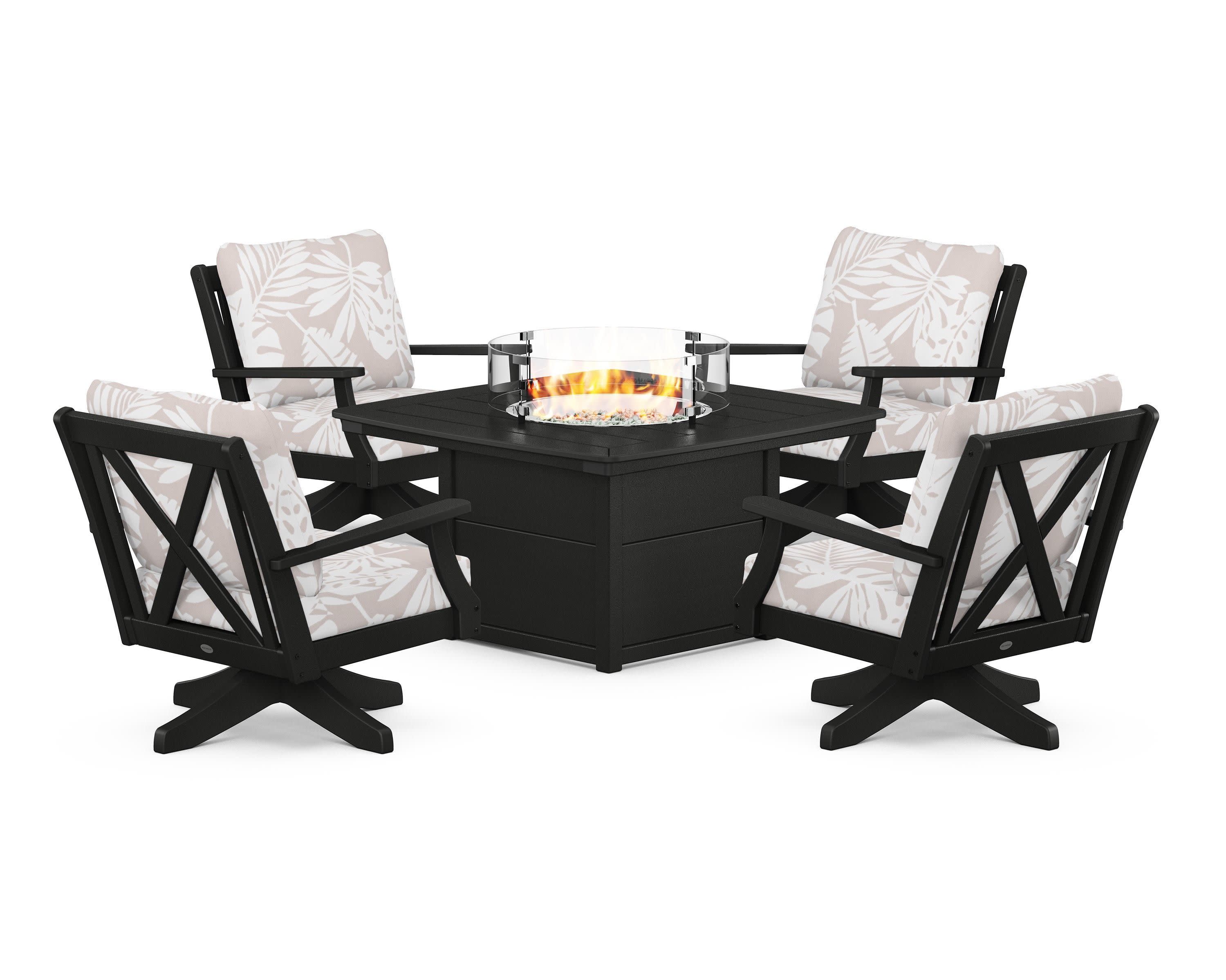 Braxton 5-Piece Deep Seating Swivel Conversation Set with Fire Pit Table in Black / Leaf Dune Burlap