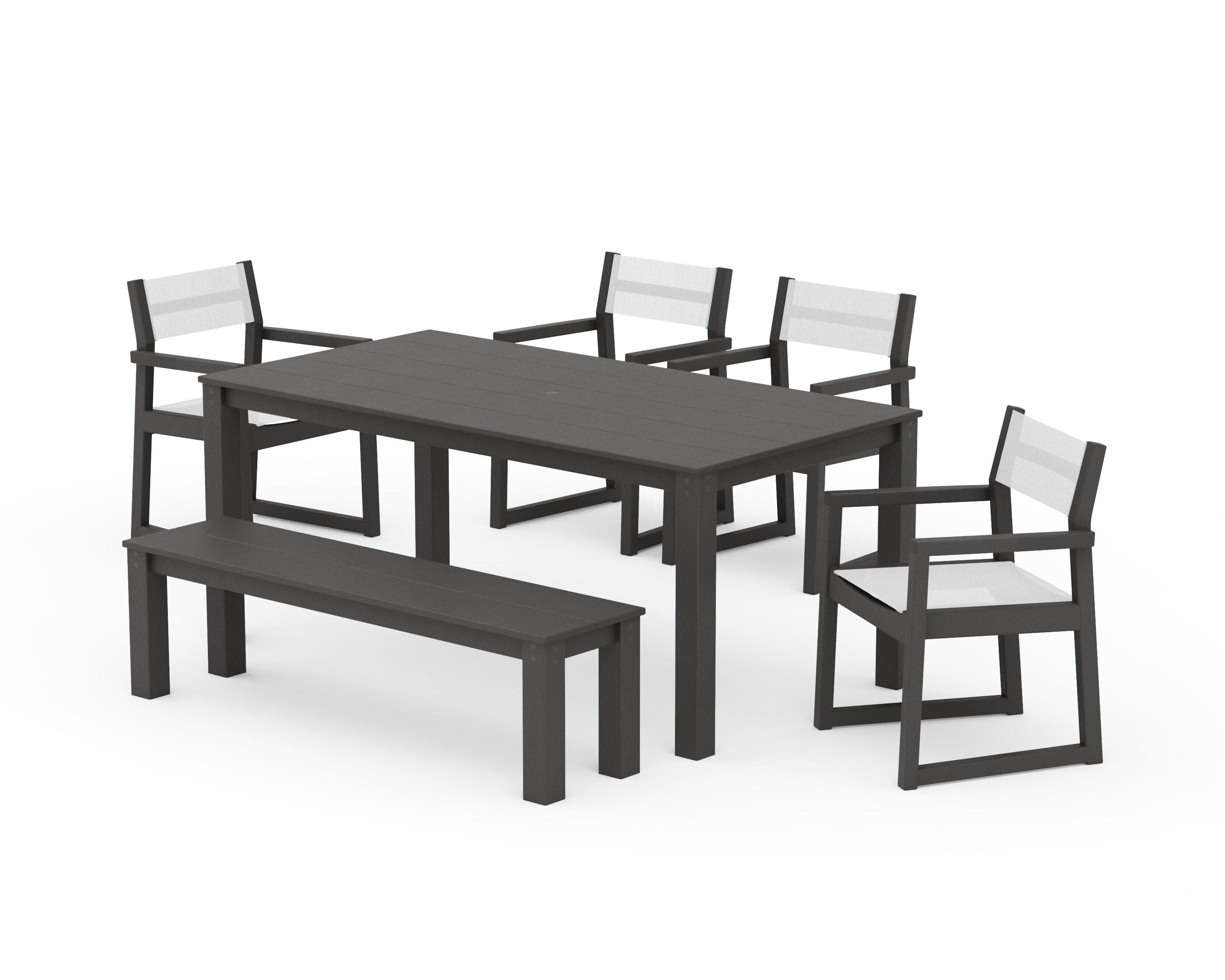 EDGE Sling Arm Chair 6-Piece Parsons Dining Set with Bench in Vintage Coffee / White Sling