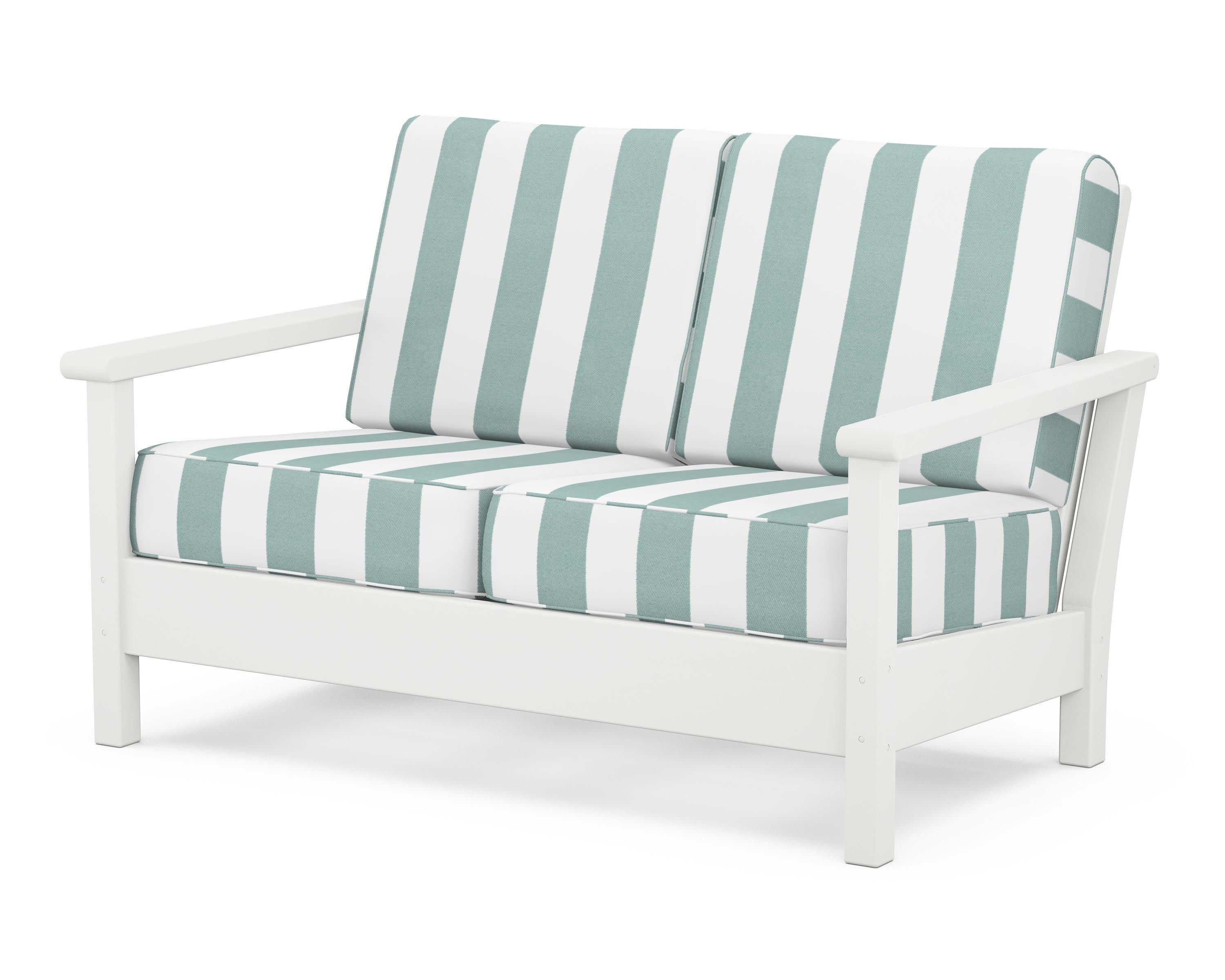 Harbour Deep Seating Loveseat in White / Cabana Stripe Glacier Spa