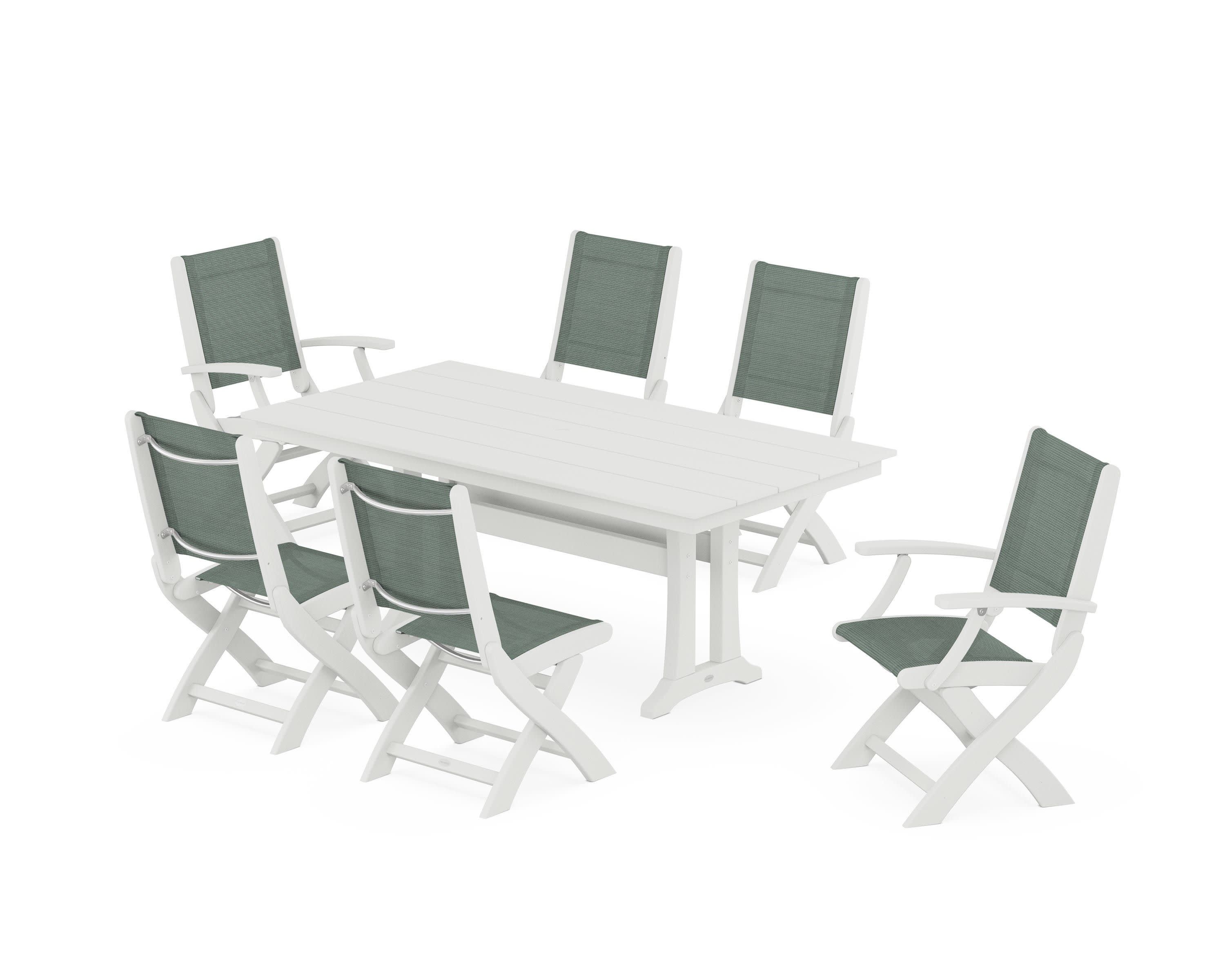 Coastal Folding Chair 7-Piece Farmhouse Dining Set with Trestle Legs in Vintage White / Dupioni Sea Mist Sling