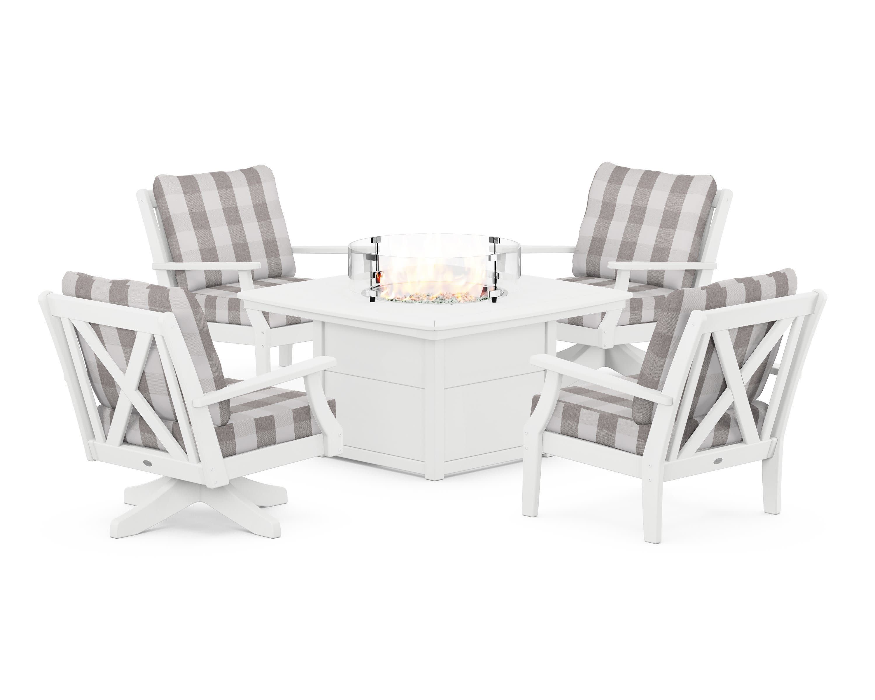 Braxton 5-Piece Deep Seating Set with Fire Table in White / Buffalo Plaid Grey Mist
