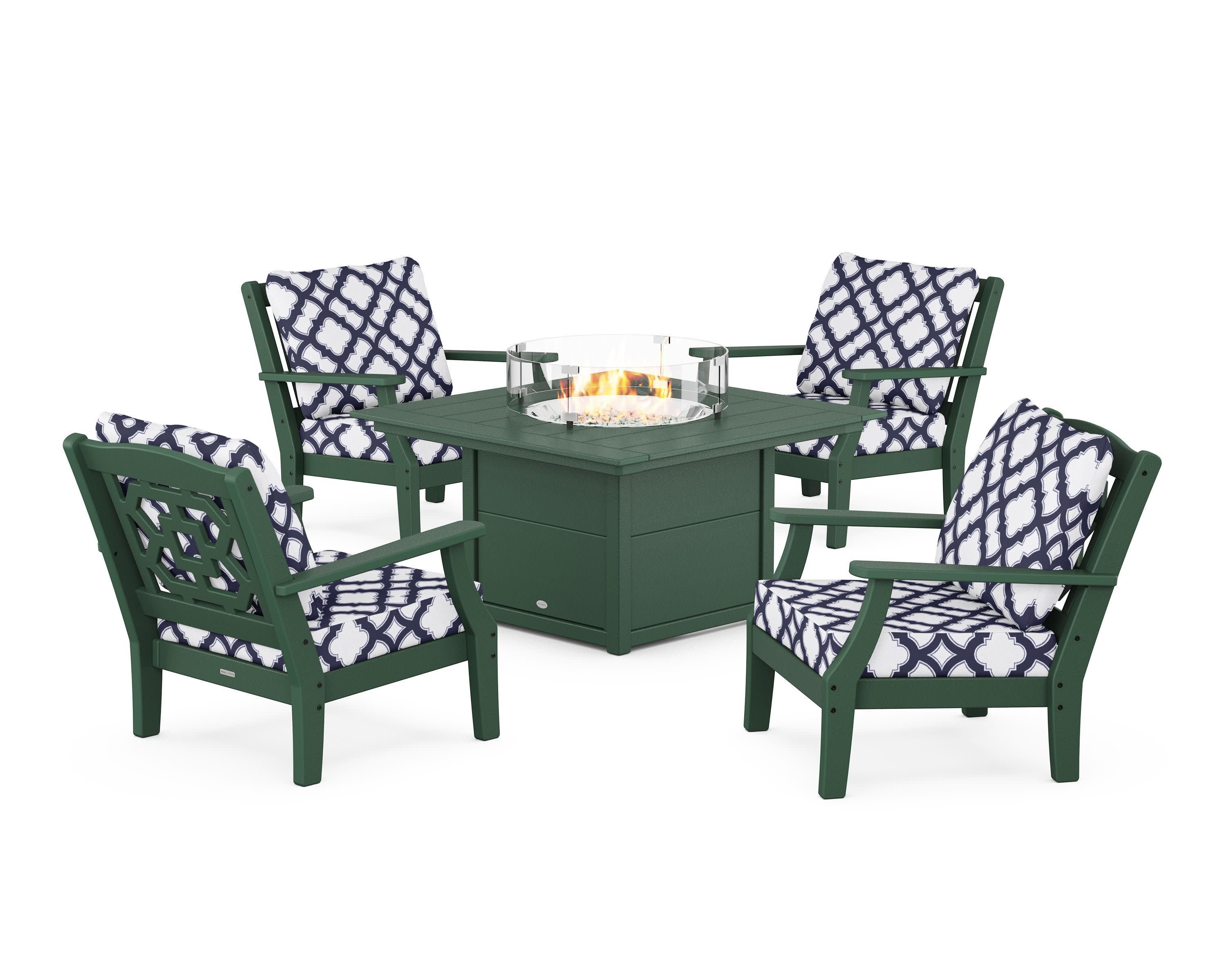 Chinoiserie 5-Piece Deep Seating Set with Fire Pit Table in Green / Trellis Navy