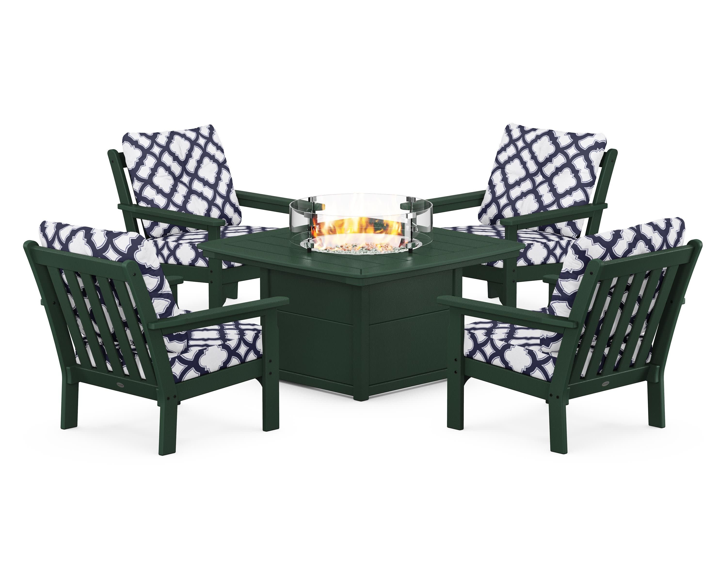 Vineyard 5-Piece Conversation Set with Fire Pit Table in Green / Trellis Navy