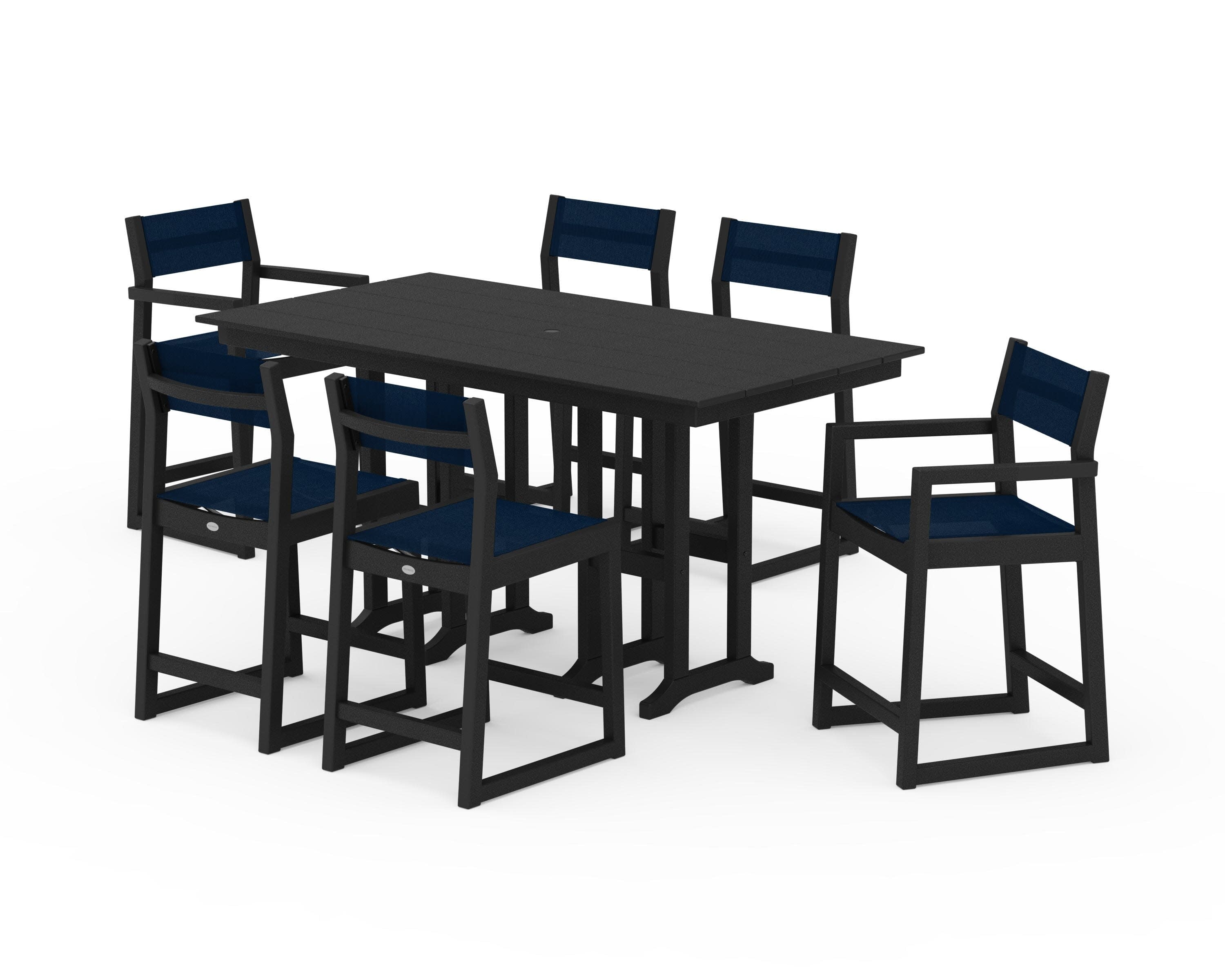 EDGE Sling 7-Piece Farmhouse Counter Set in Black / Navy Blue Sling