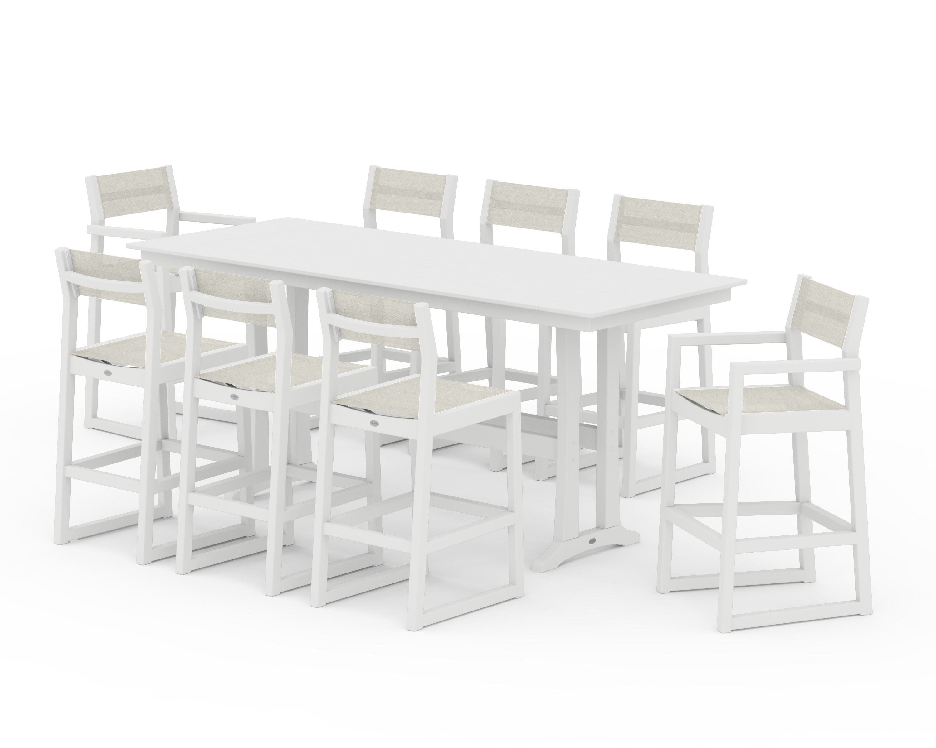 EDGE Sling 9-Piece Farmhouse Bar Set with Trestle Legs in White / Parchment Sling
