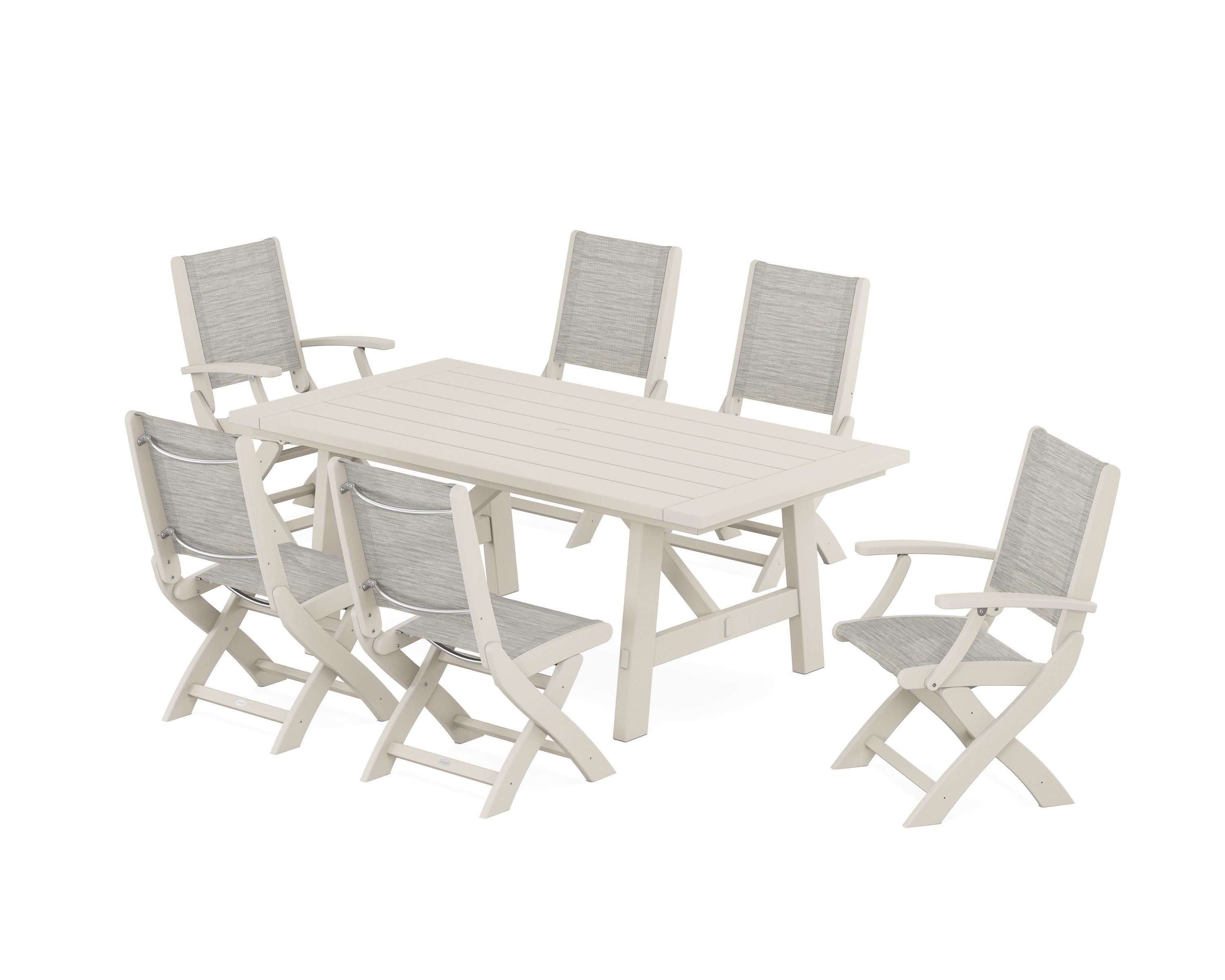 Coastal Folding Chair 7-Piece Rustic Farmhouse Dining Set in Sand / Birch Sling