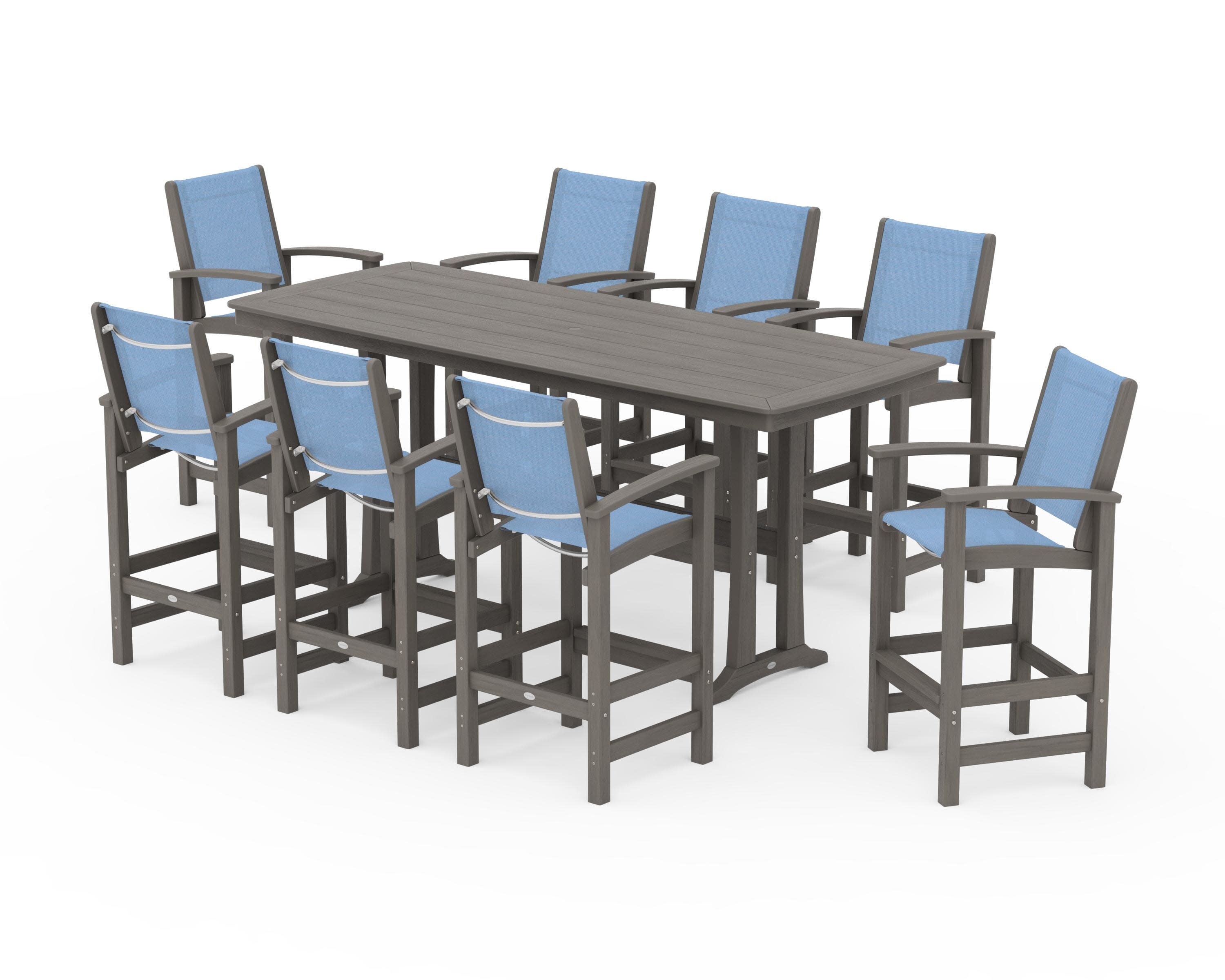 Coastal 9-Piece Bar Set with Trestle Legs in Driftwood / Poolside Sling