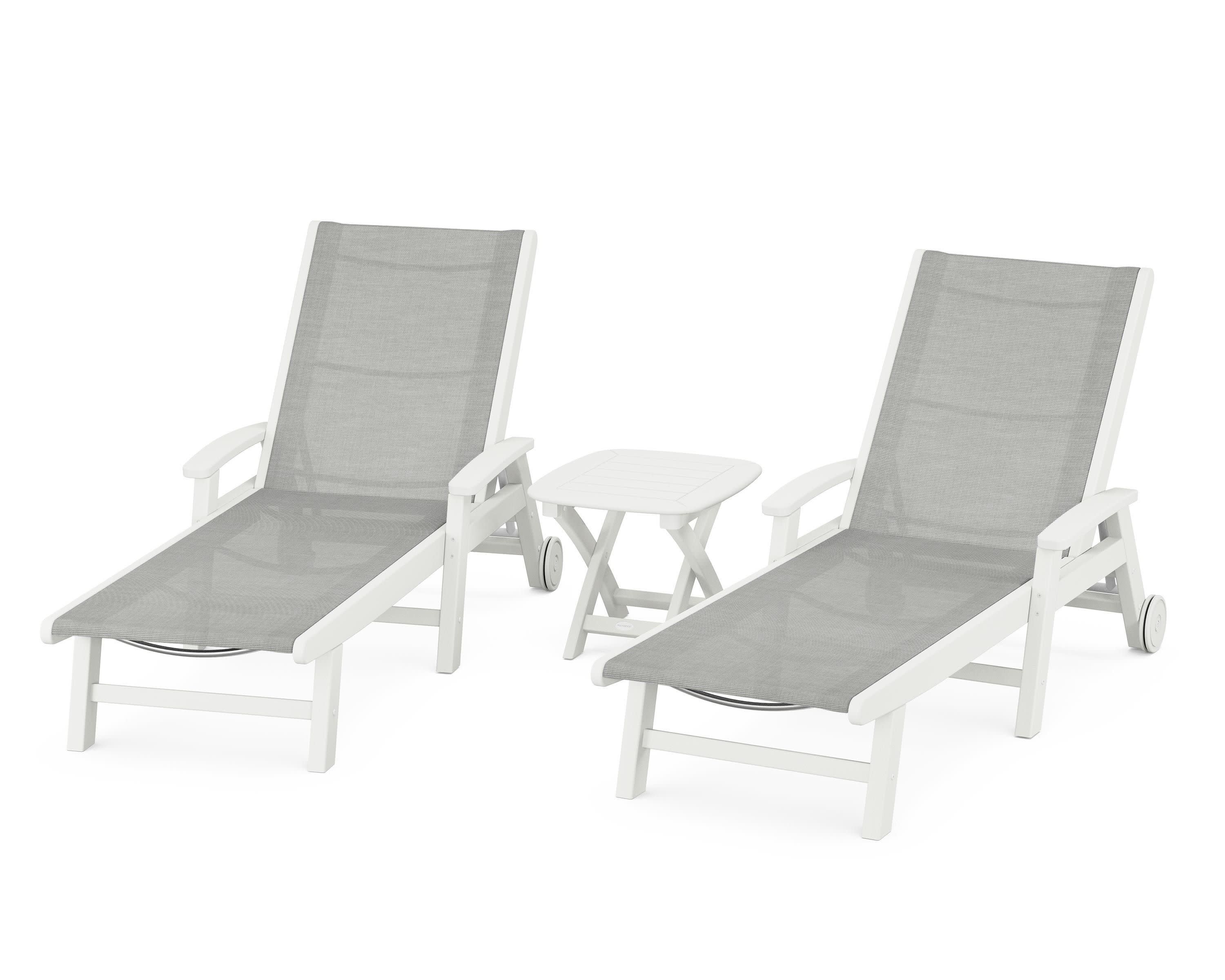 Coastal 3-Piece Wheeled Chaise Set in Vintage White / Metallic Sling