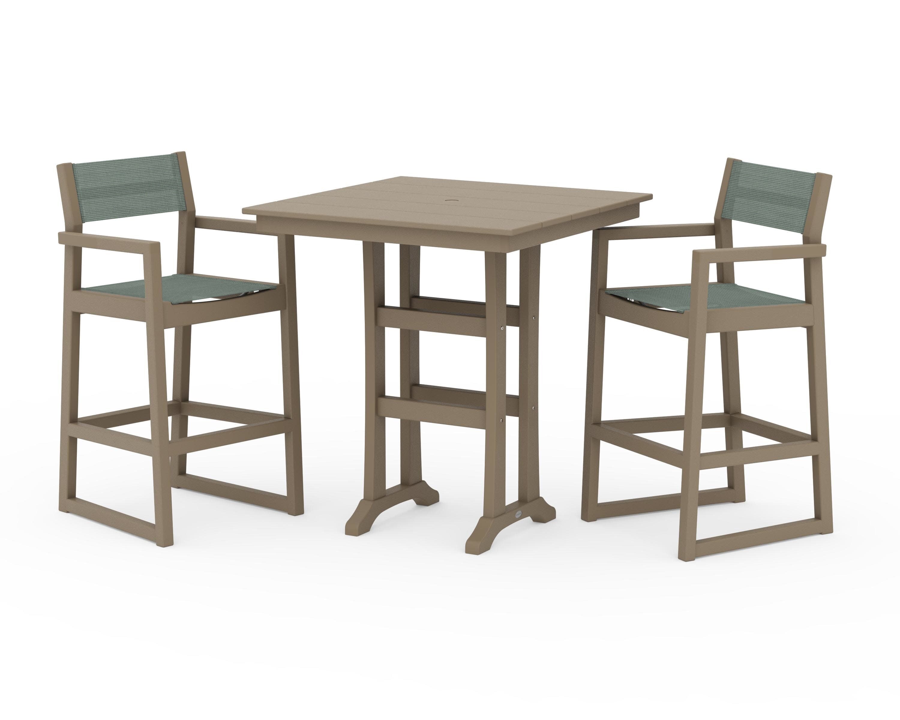 EDGE Sling Arm Chair 3-Piece Farmhouse Bar Set with Trestle Legs in Vintage Sahara / Dupioni Sea Mist Sling