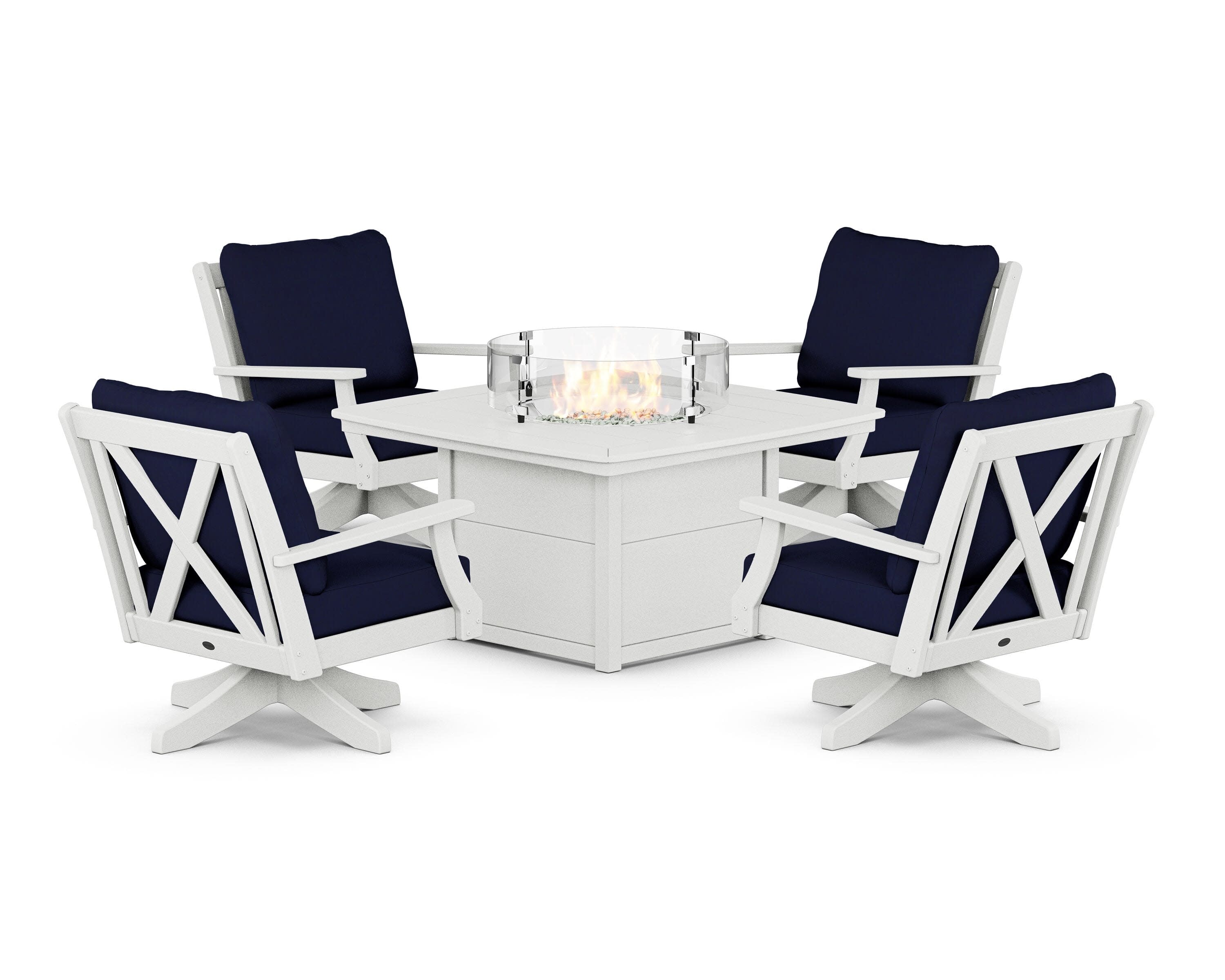 Braxton 5-Piece Deep Seating Swivel Conversation Set with Fire Pit Table in Vintage White / Navy