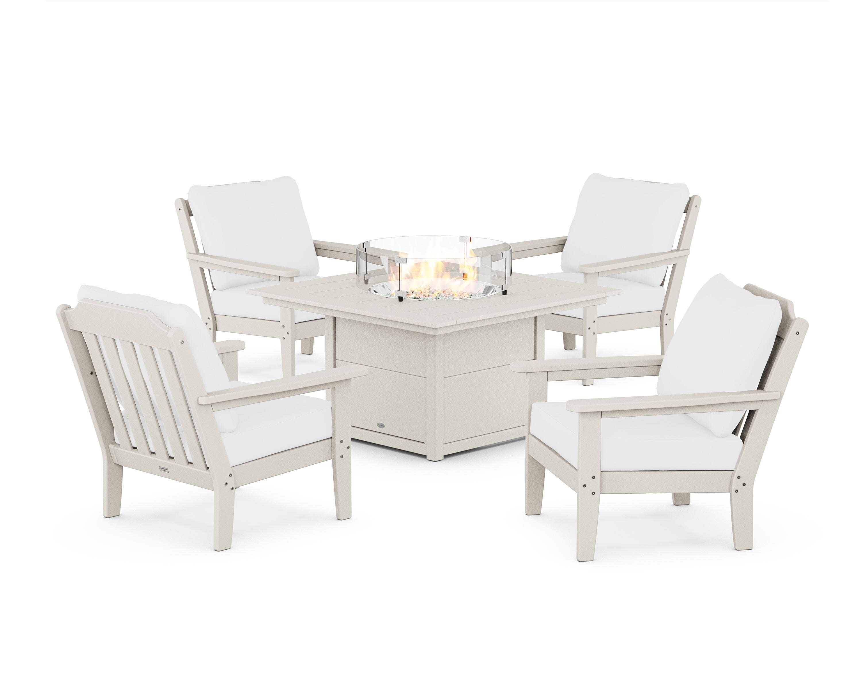 Cottage 5-Piece Deep Seating Set with Fire Pit Table in Sand / Natural