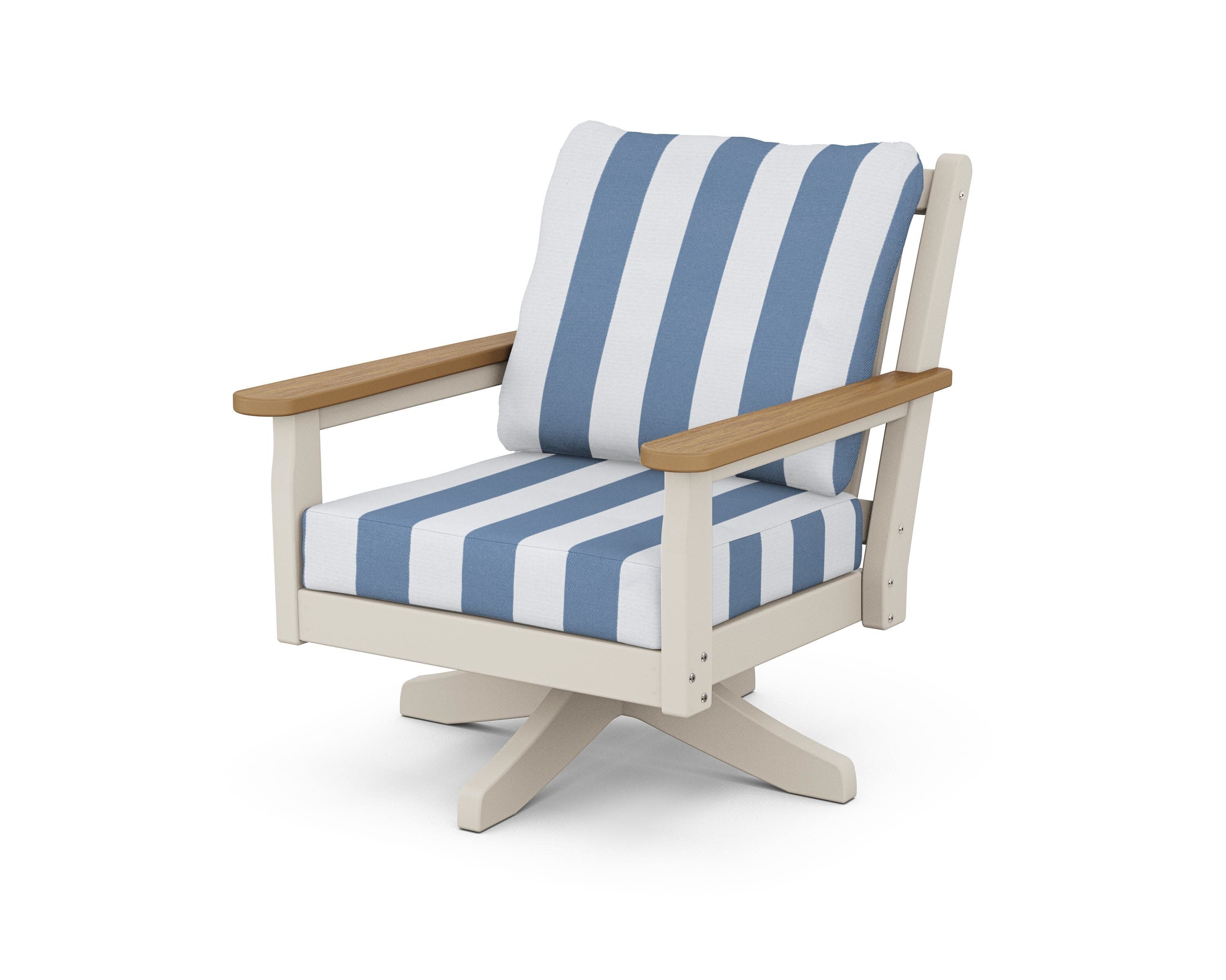 Chippendale Deep Seating Swivel Chair in Sand / Natural / Cabana Stripe Sky Blue