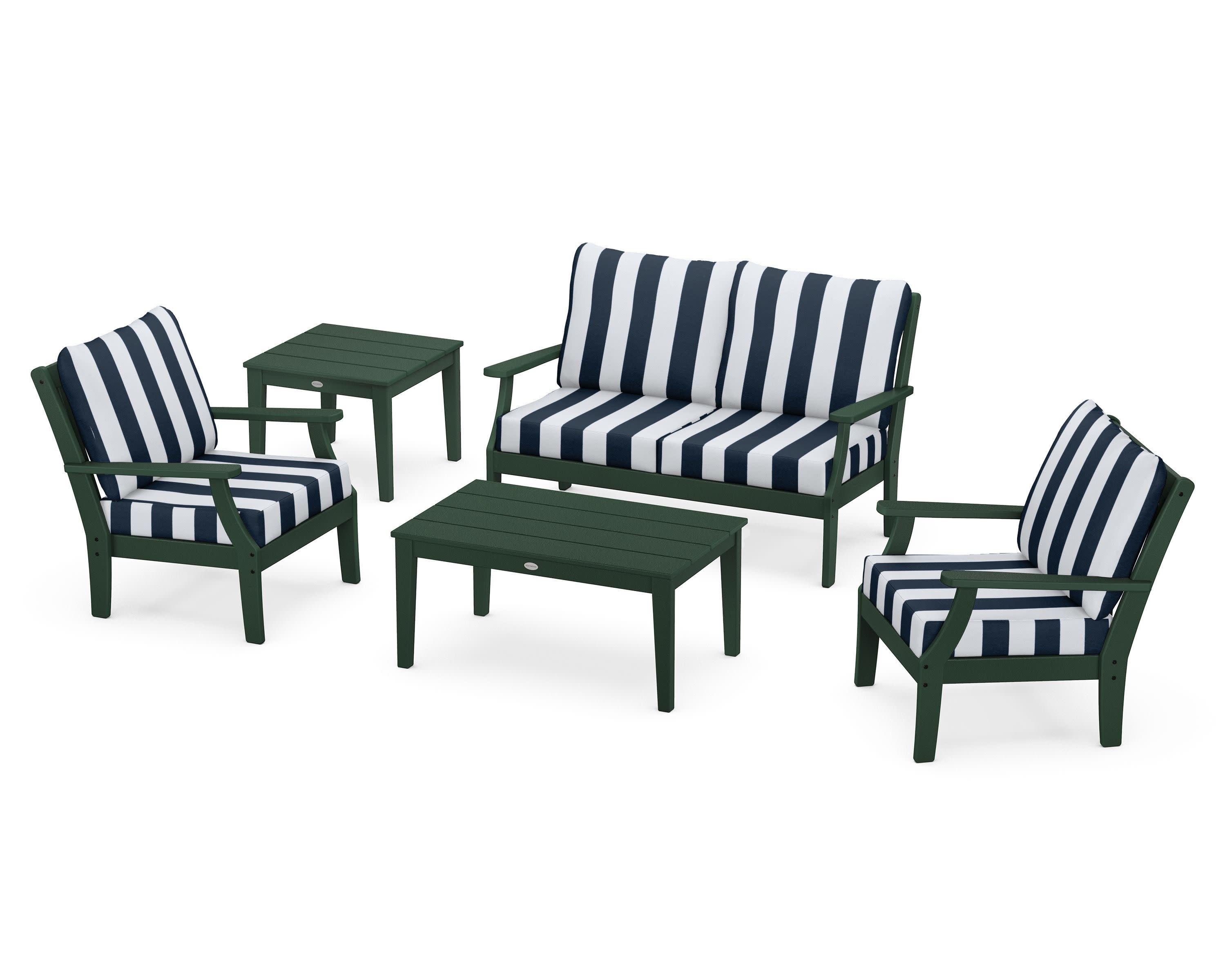 Braxton 5-Piece Deep Seating Set in Green / Cabana Stripe Marine Indigo