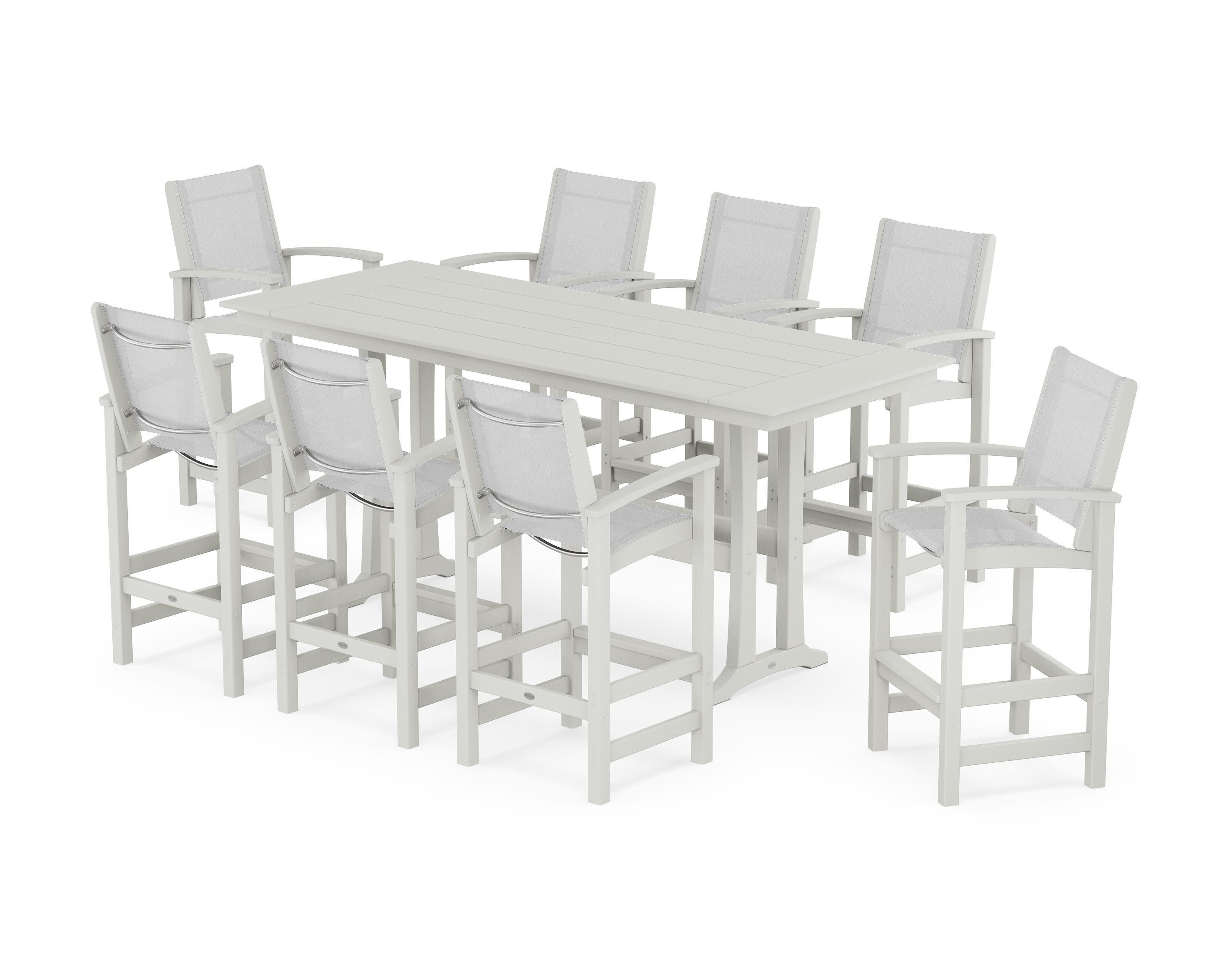 Coastal 9-Piece Farmhouse Bar Set with Trestle Legs in Vintage White / White Sling
