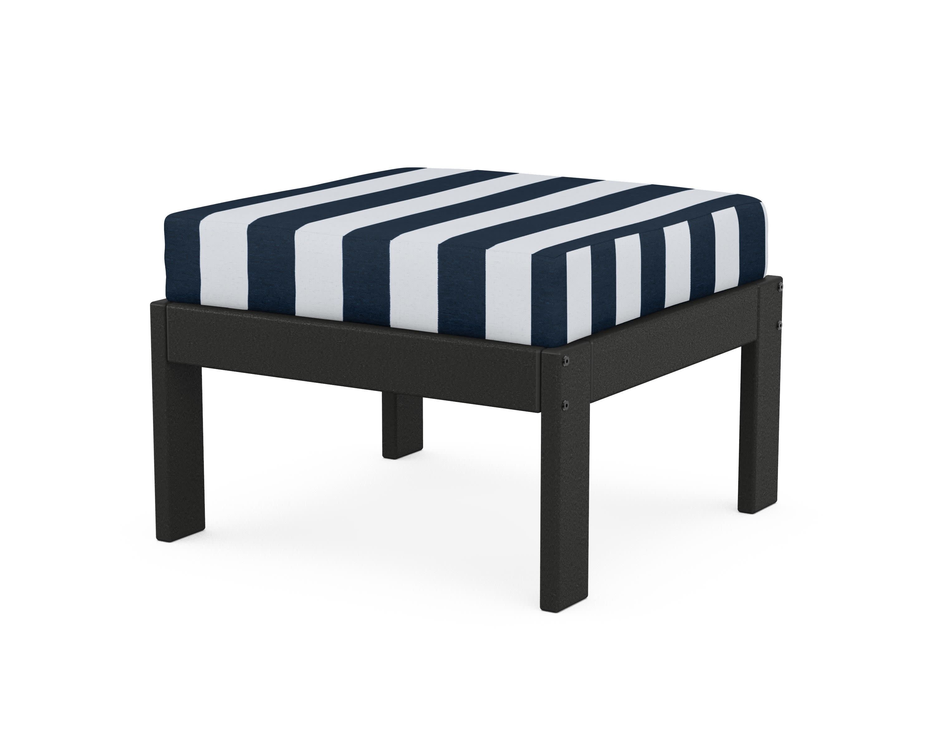 Vineyard Modular Ottoman in Black / Cabana Stripe Marine Indigo