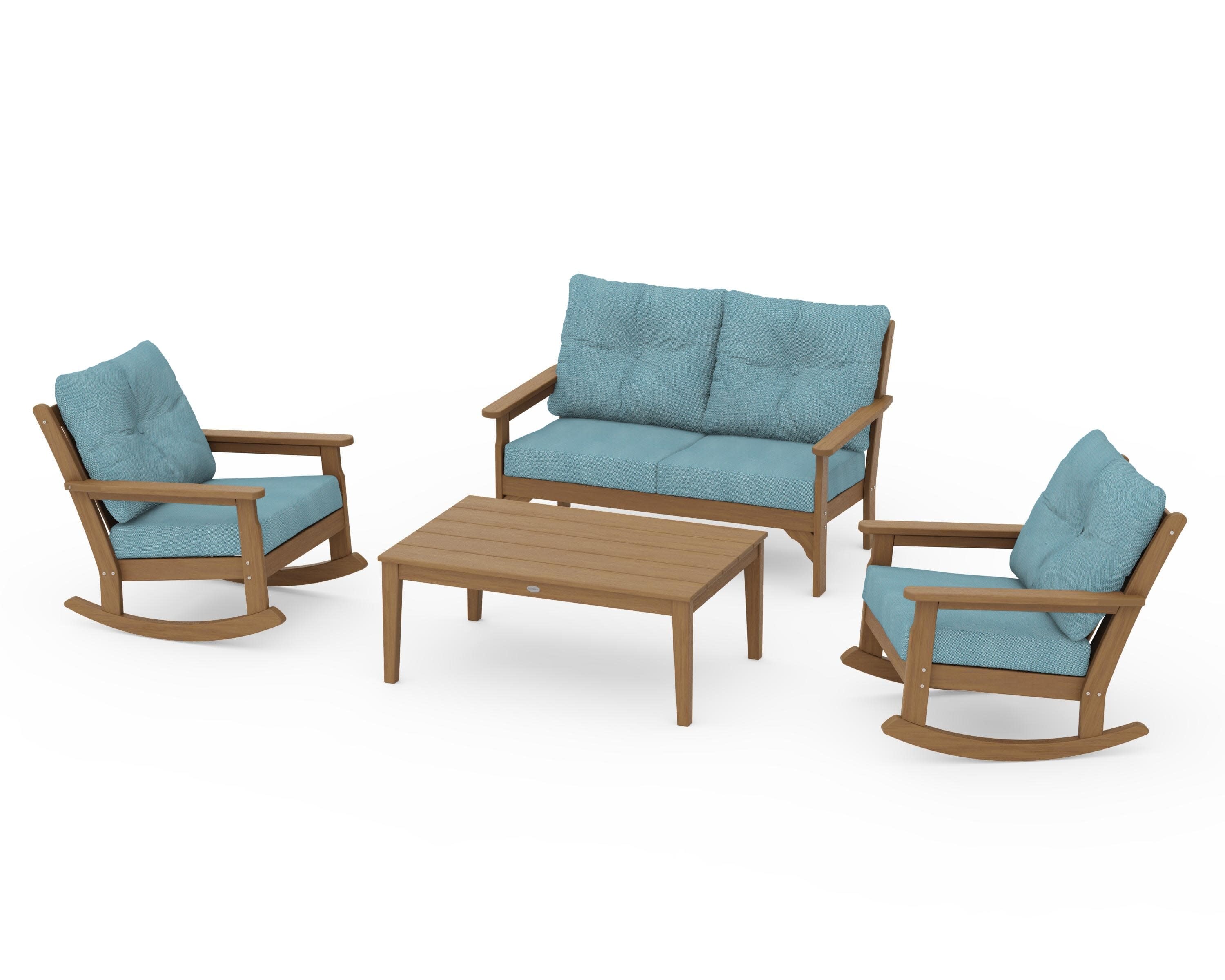 Vineyard 4-Piece Deep Seating Rocking Chair Set in Natural / Lattice Sky Blue