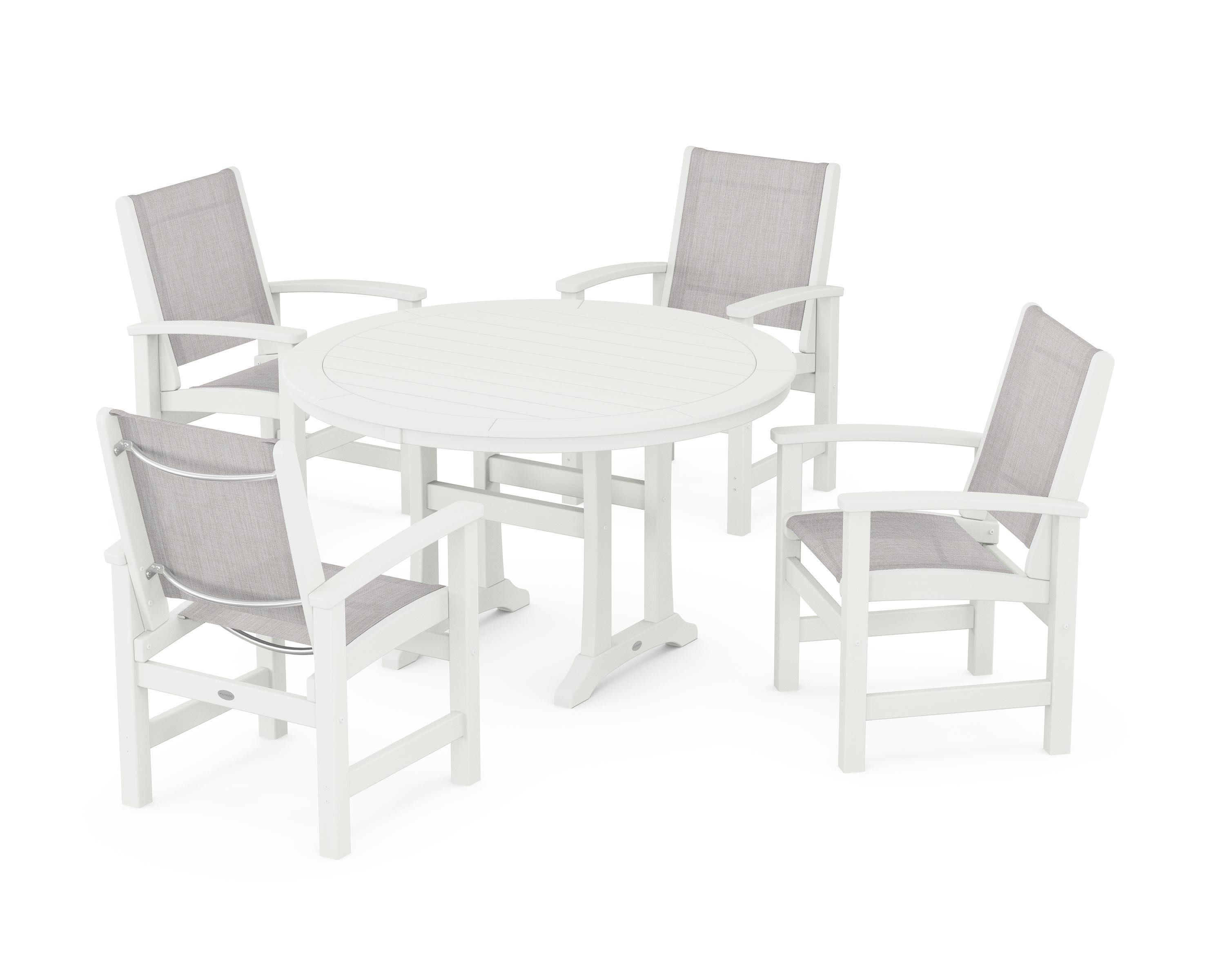 Coastal 5-Piece Round Dining Set with Trestle Legs in Vintage White / Parchment Sling
