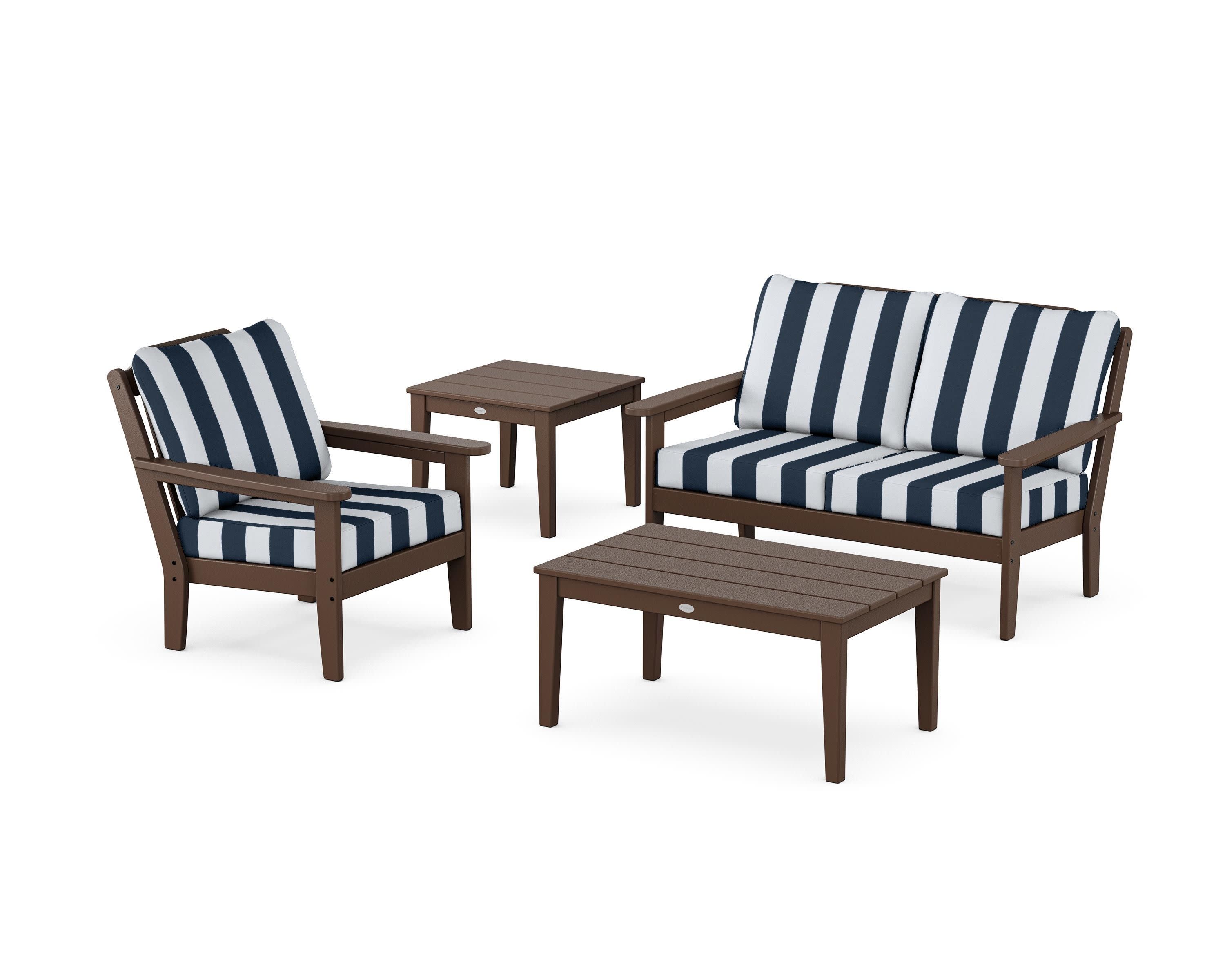 Wovendale 4-Piece Deep Seating Set in Mahogany / Cabana Stripe Marine Indigo