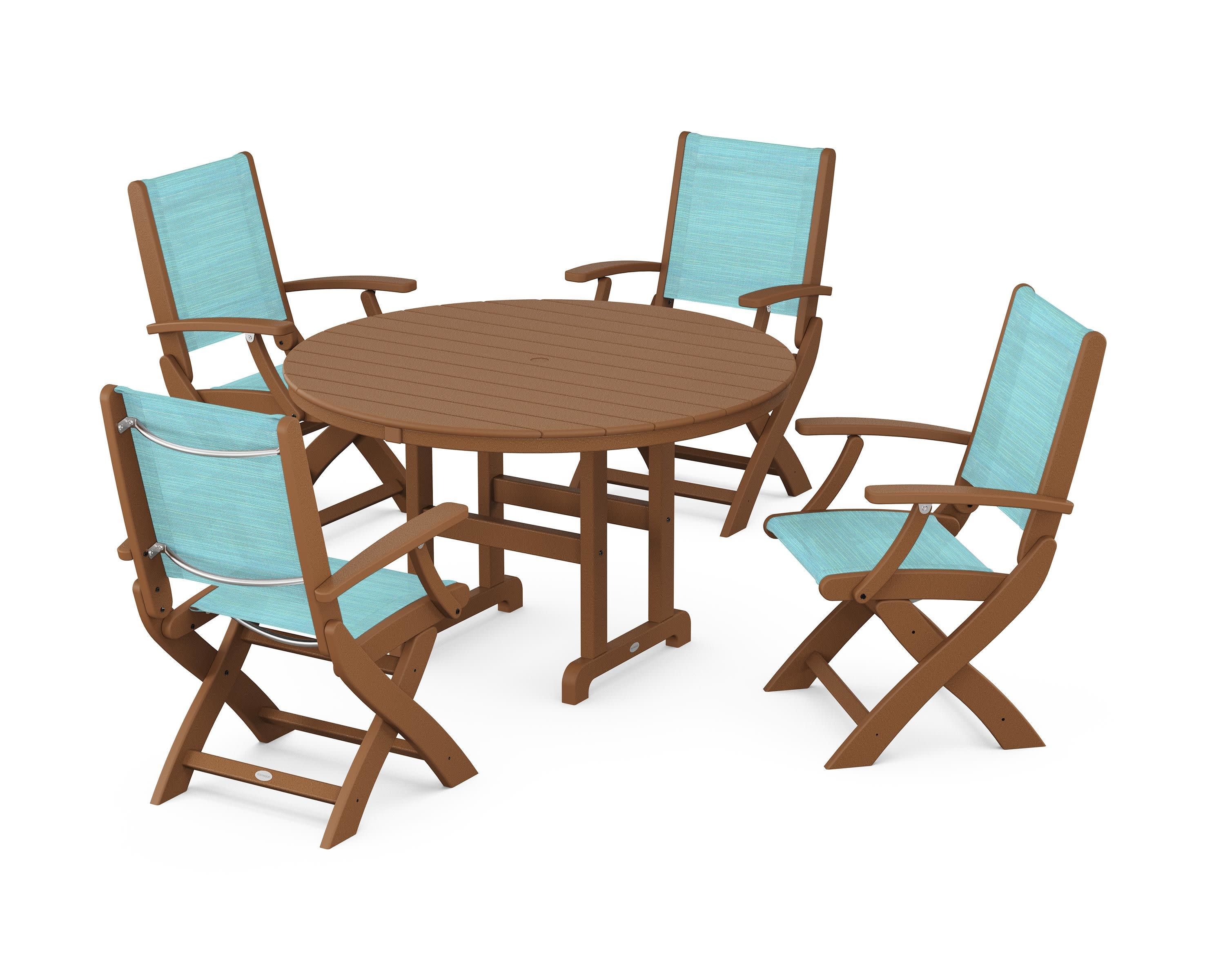 Coastal Folding Chair 5-Piece Round Dining Set in Teak / Dupioni Aquamarine Sling