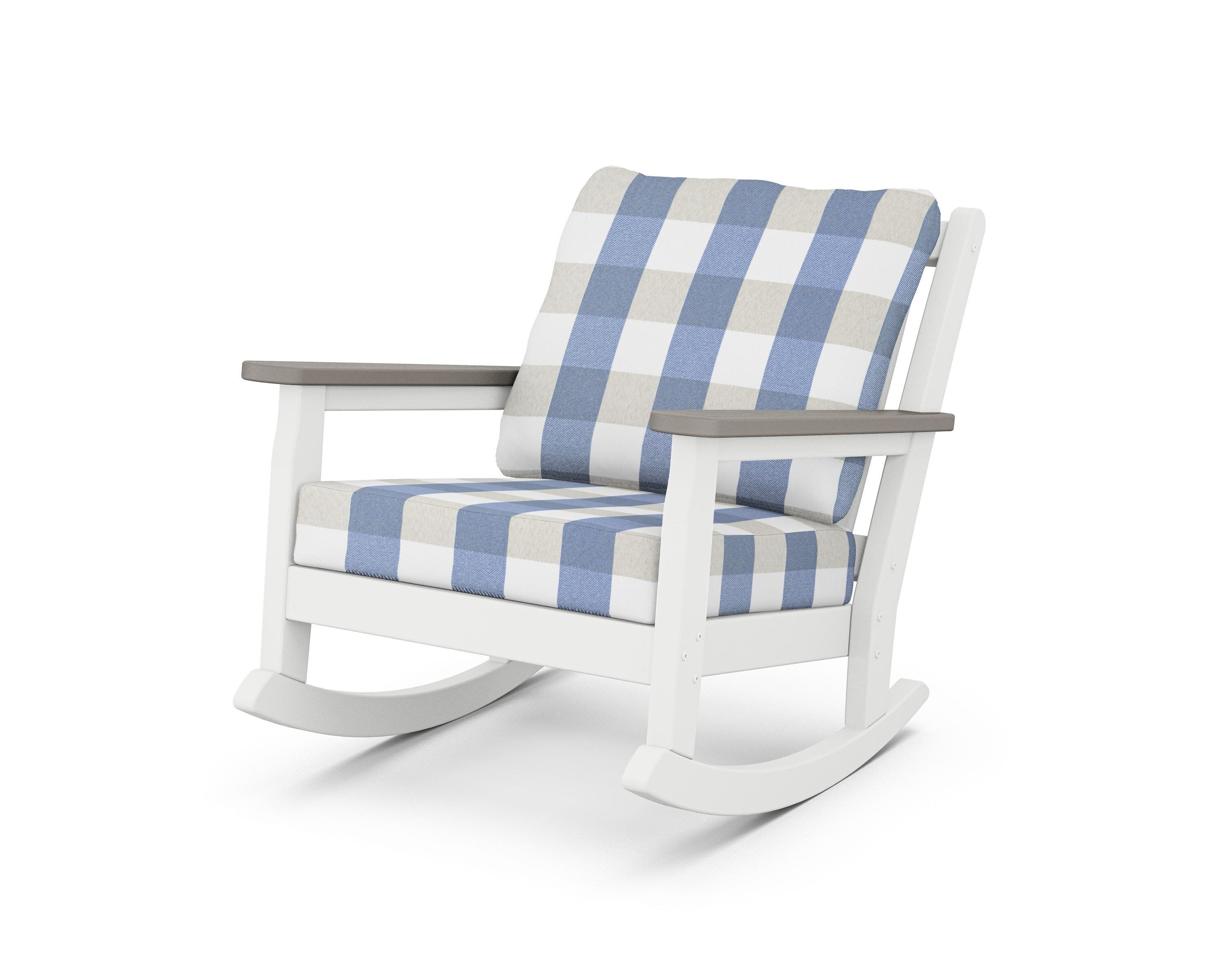 Chippendale Deep Seating Rocking Chair in White / Driftwood / Buffalo Plaid Sky Blue