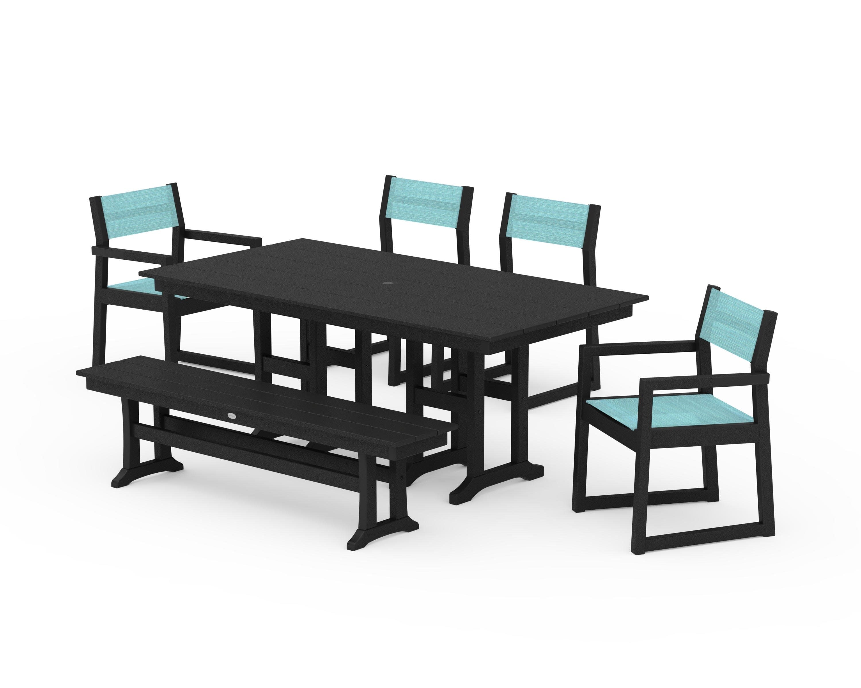 EDGE Sling 6-Piece Farmhouse Dining Set in Black / Dupioni Aquamarine Sling