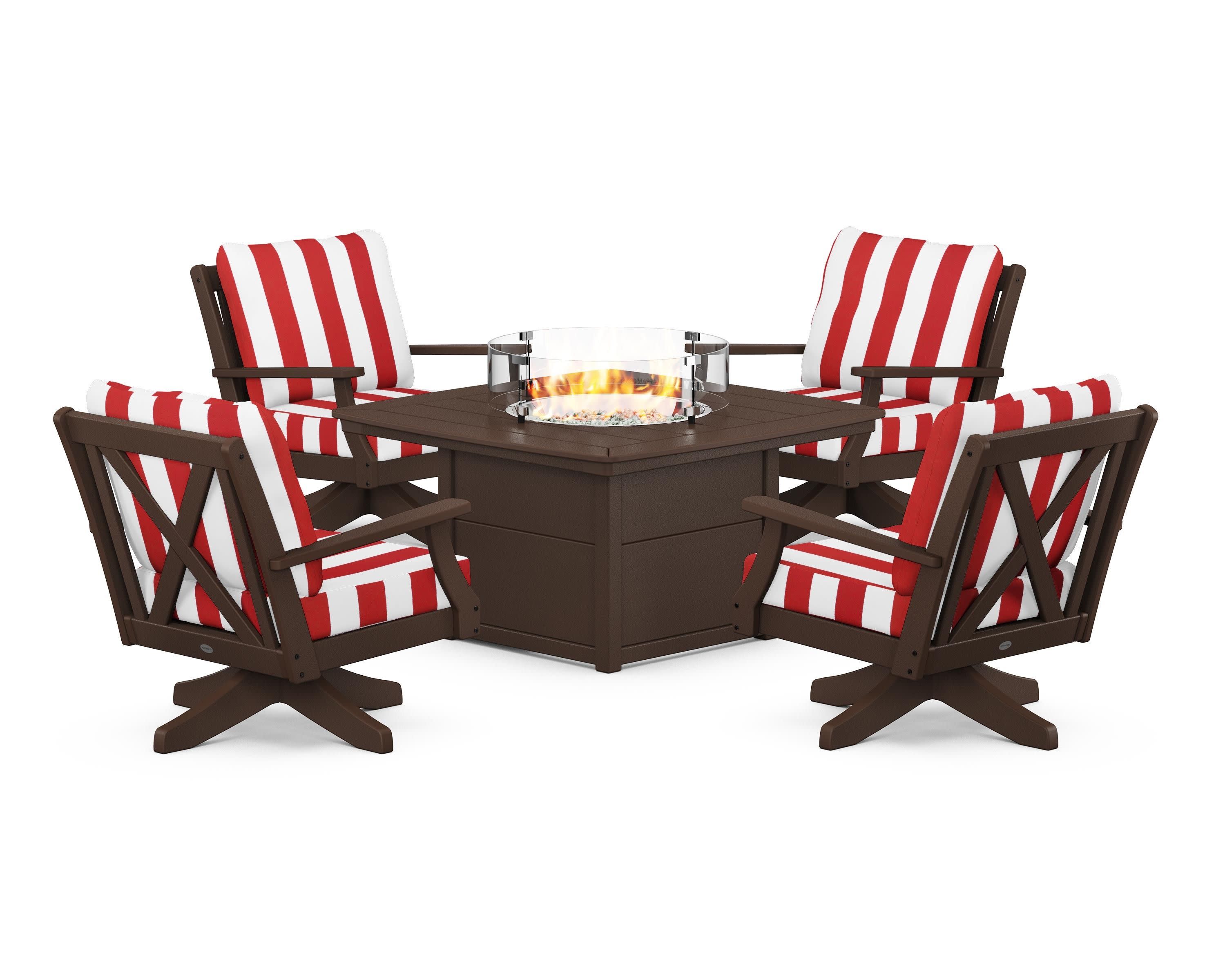 Braxton 5-Piece Deep Seating Swivel Conversation Set with Fire Pit Table in Mahogany / Cabana Stripe Crimson