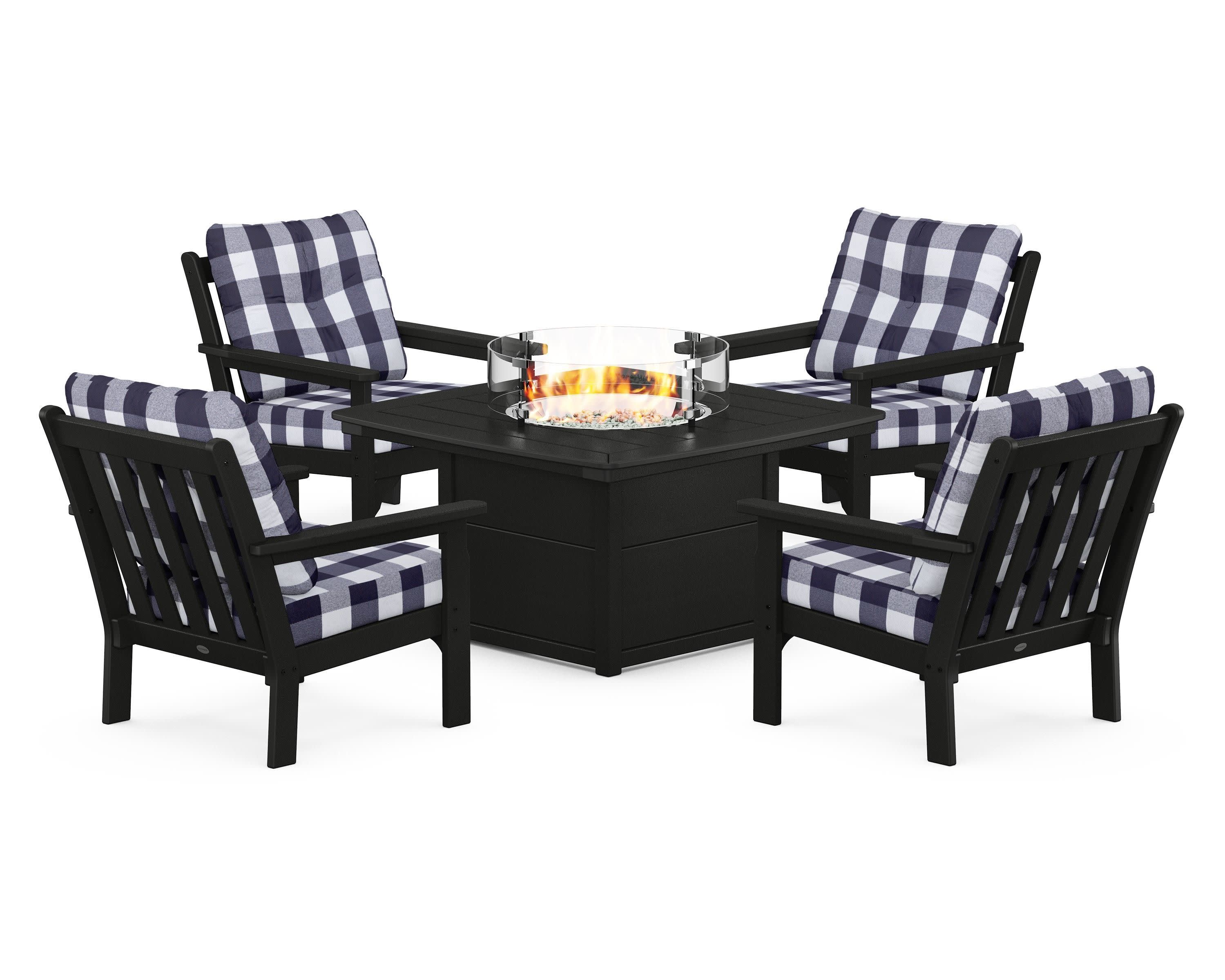 Vineyard 5-Piece Conversation Set with Fire Pit Table in Black / Buffalo Plaid Navy