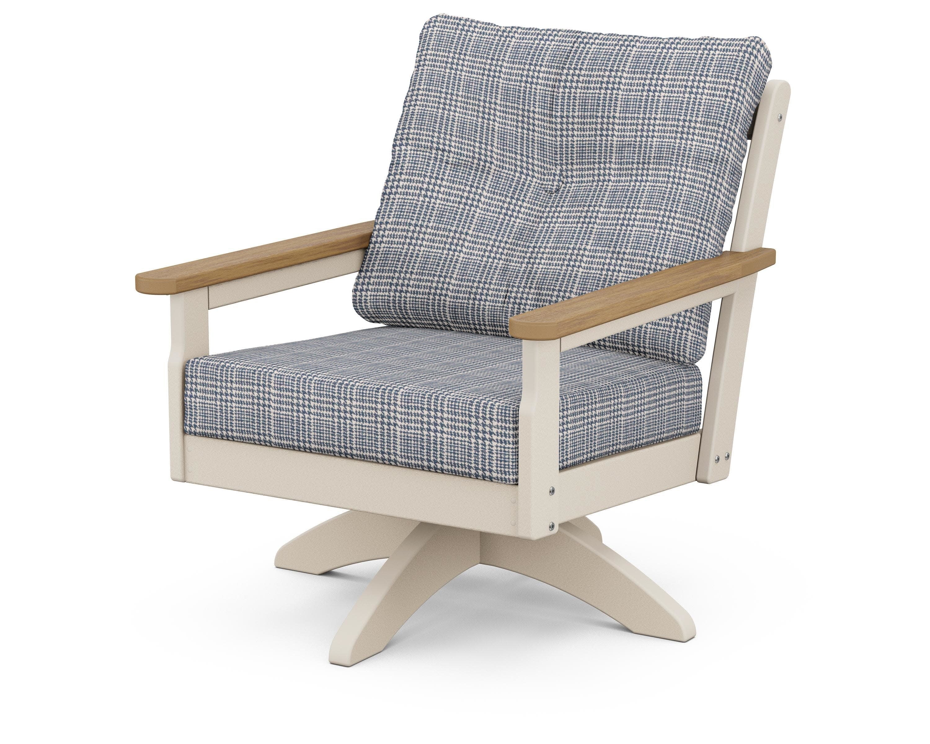 Vineyard Deep Seating Swivel Chair in Sand / Natural / Houndstooth Sky Blue