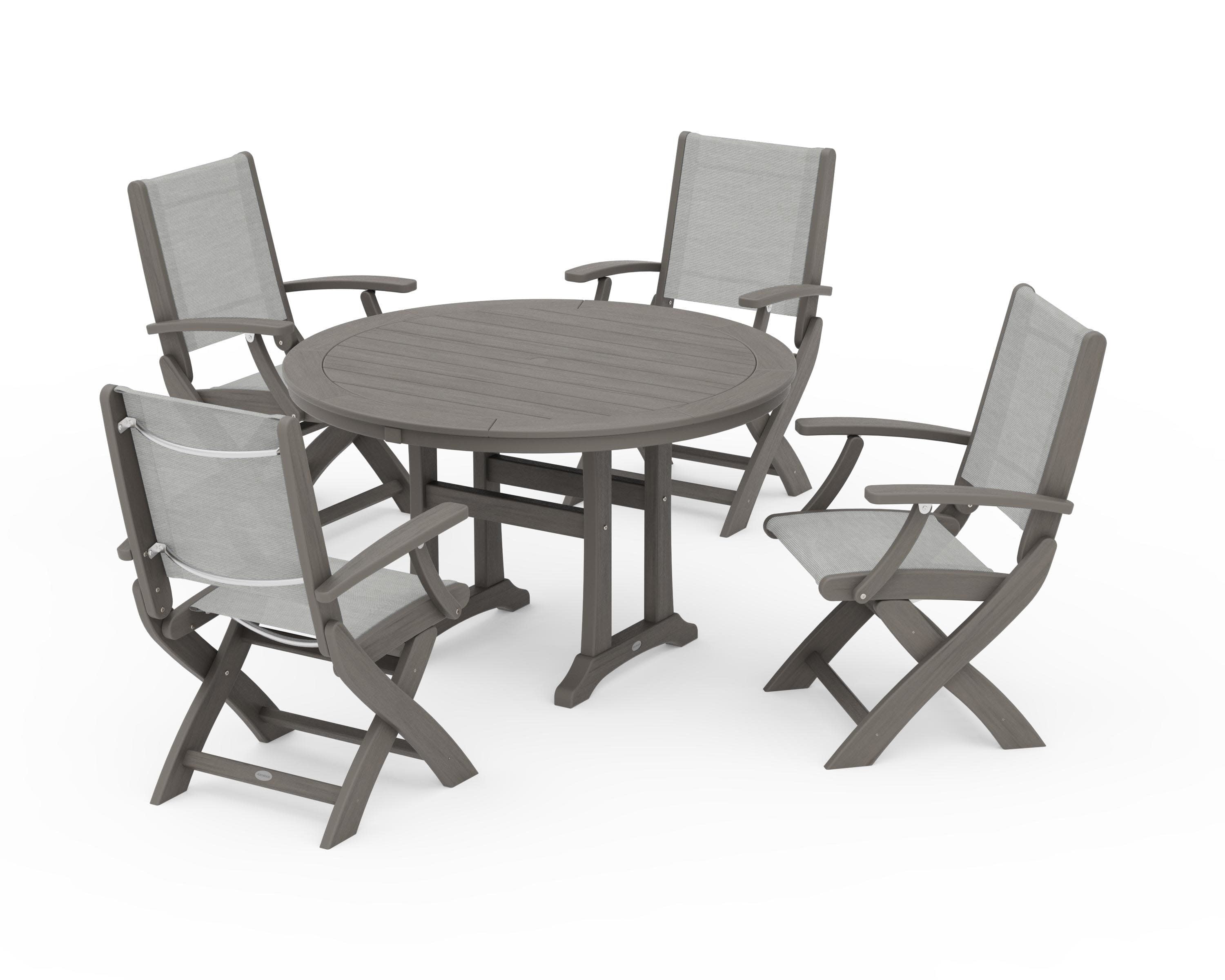 Coastal Folding Chair 5-Piece Round Dining Set with Trestle Legs in Driftwood / Metallic Sling