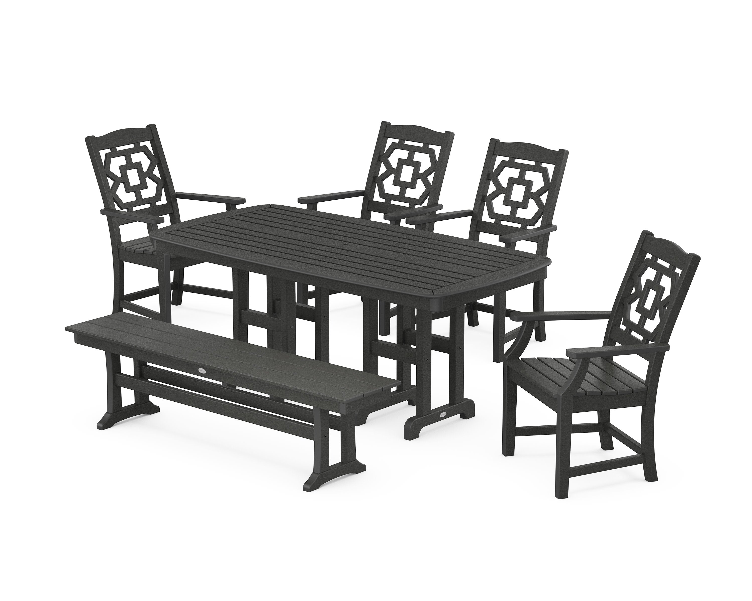 Chinoiserie 6-Piece Dining Set with Bench in Black