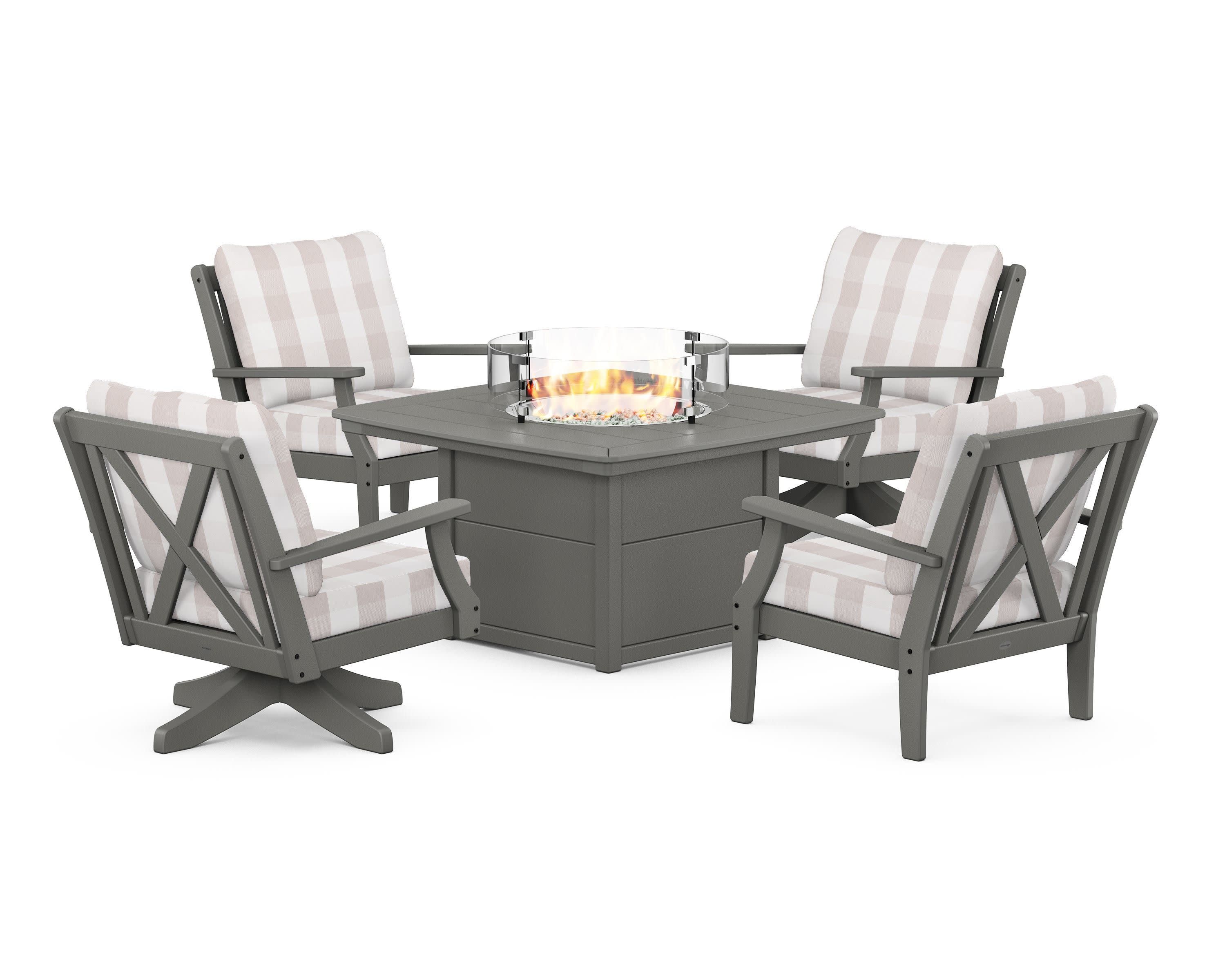 Braxton 5-Piece Deep Seating Set with Fire Table in Slate Grey / Buffalo Plaid Dune Burlap